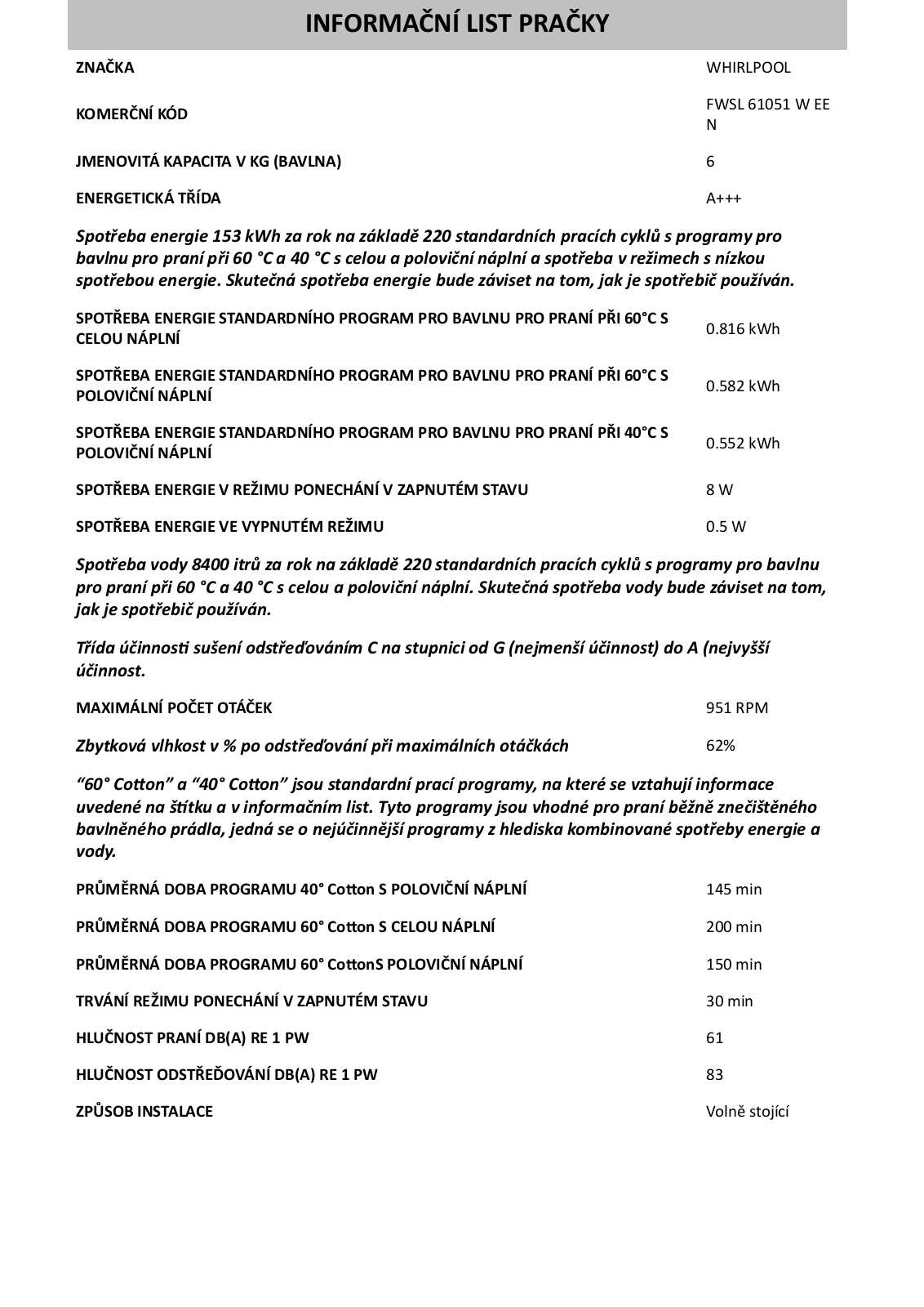 Whirlpool FreshCare+ FWSL 61051 W EE N User Manual