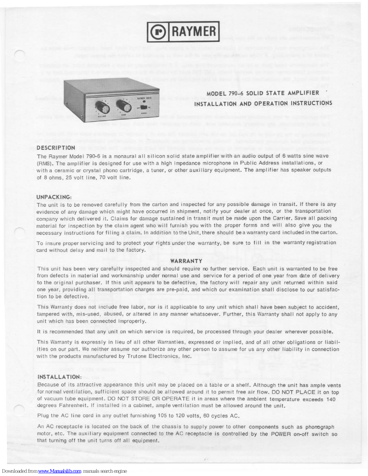 Raymer Solid State Amplifier 790-6, 790-6 Installation And Operation Instructions Manual