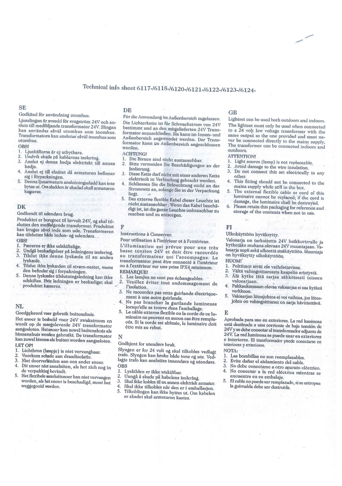 Konstsmide 6117, 6118, 6120, 6121, 6122 Technical Information