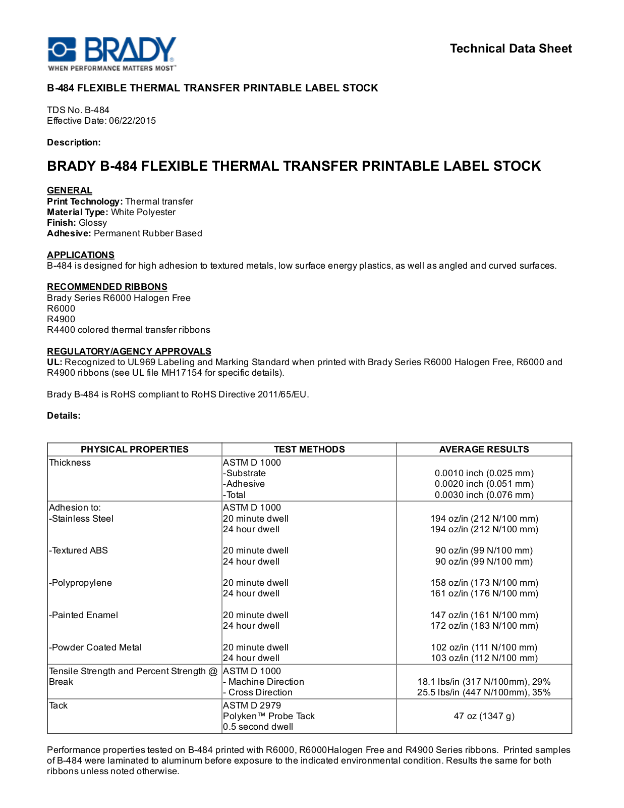 Brady B­484 Technical Data