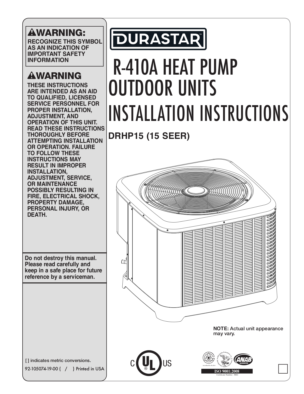 Durastar DRHP15 Installation Manual