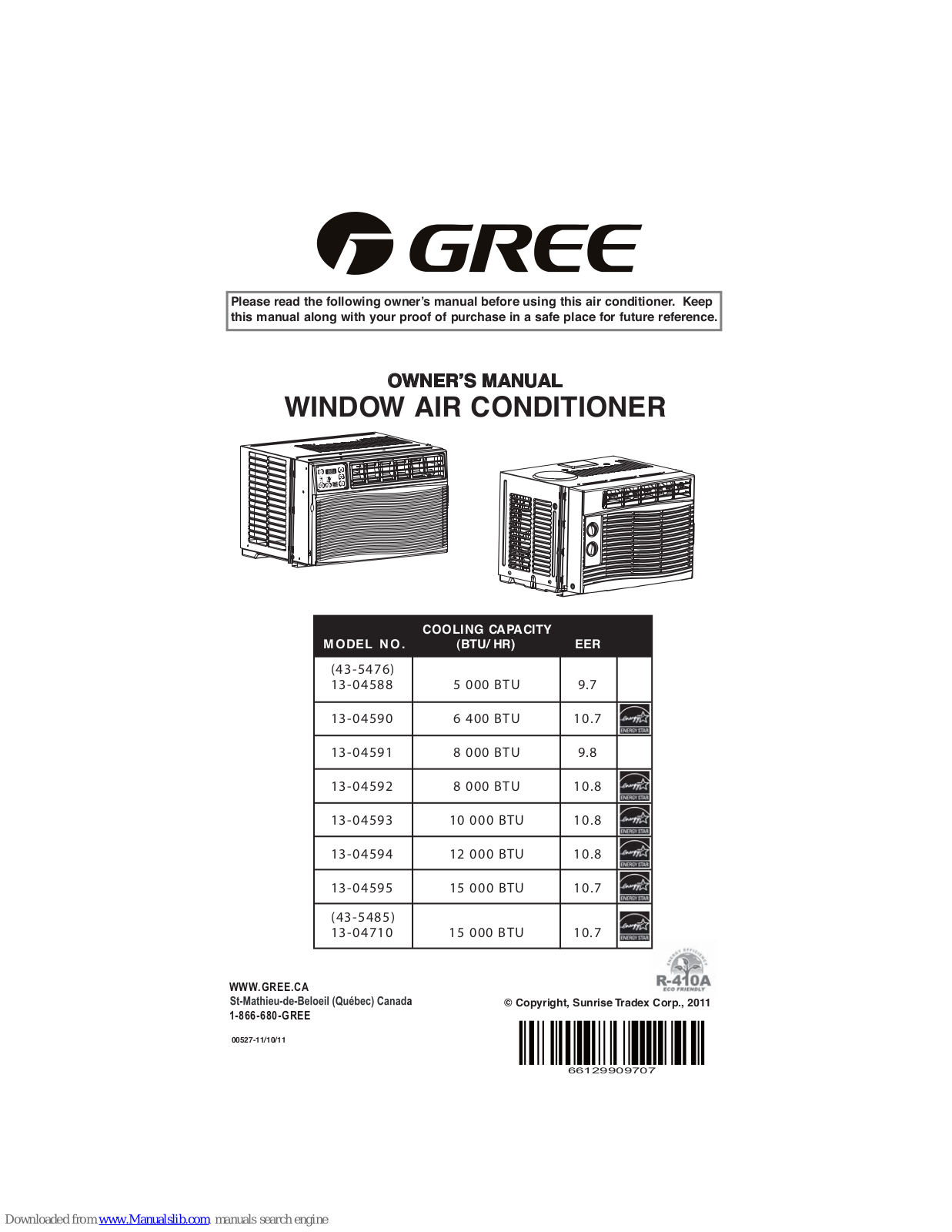 Gree 13-04588, 13-04590, 13-04591, 13-04592, 13-04593 Owner's Manual