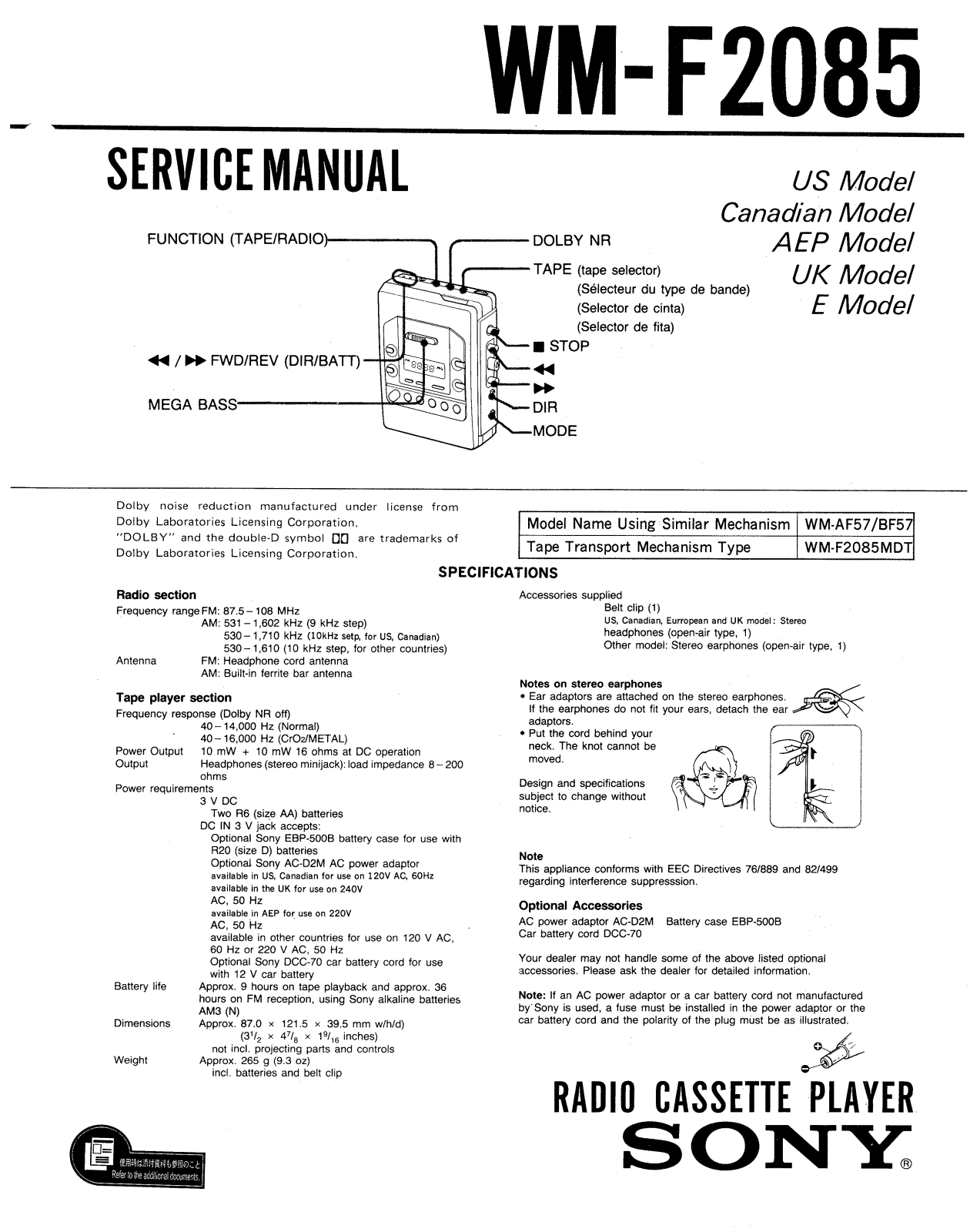 Sony WMF-2085 Service manual