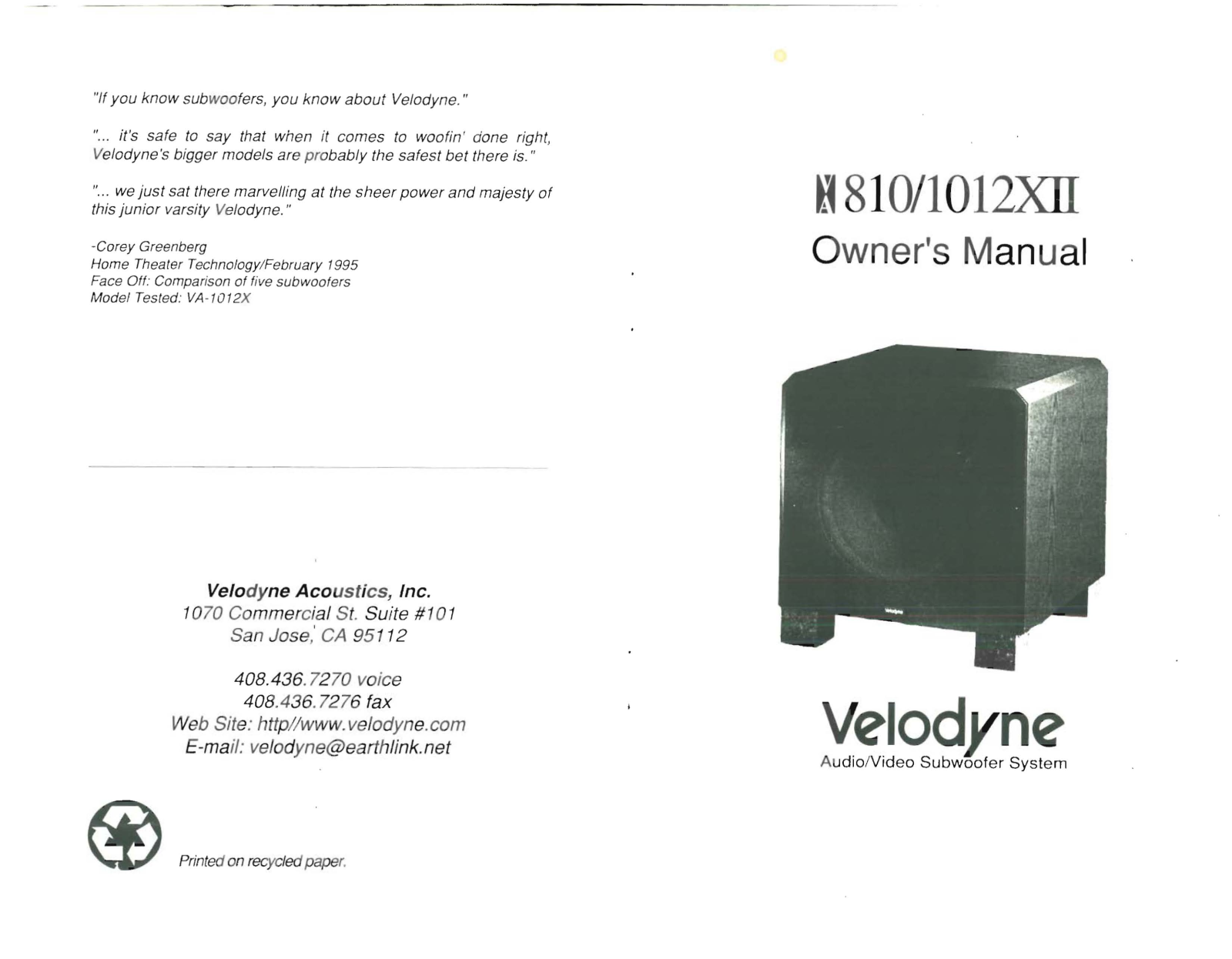 Velodyne Acoustics VA-1012-X Mk2 Owners manual - ManualMachine.com