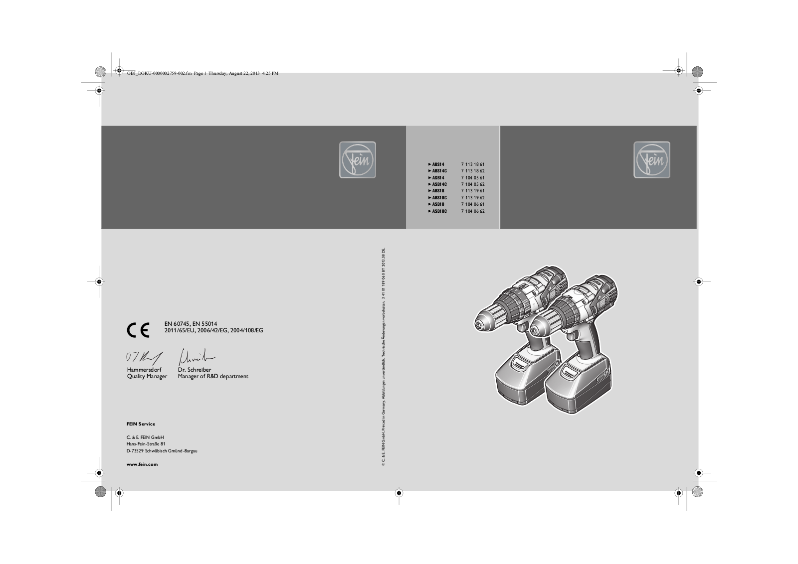 Fein ABS14, ABS14C, ASB14, ASB14C, ABS18 User Guide