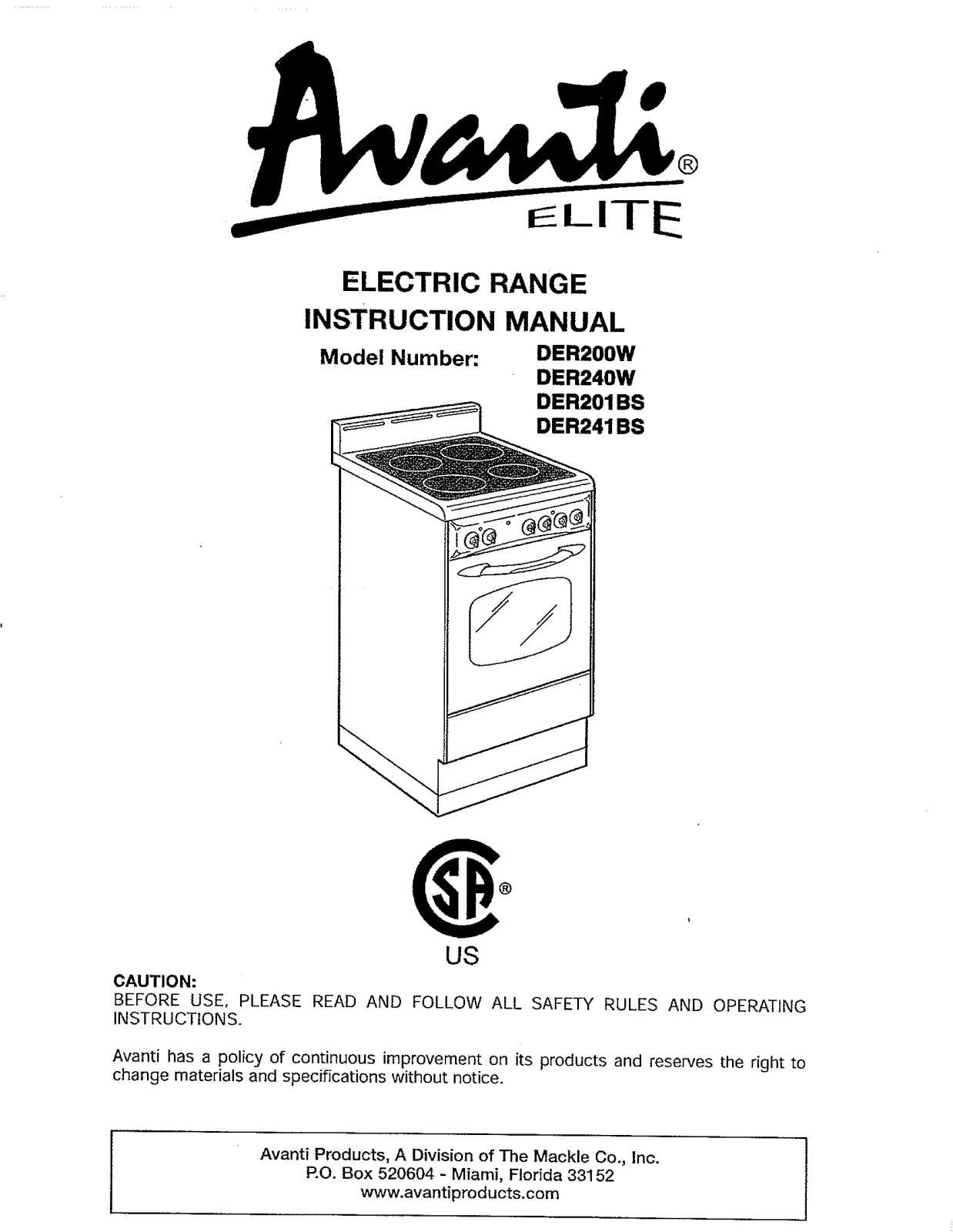 Avanti DER201BS, DER200W User Manual