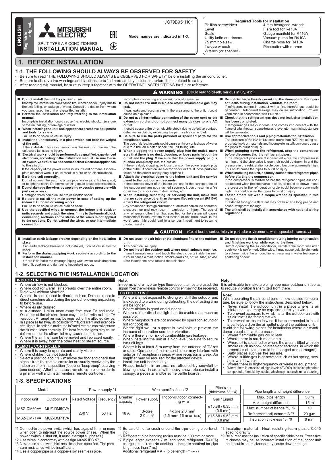 Mitsubishi Electric MSZ-DM71VA, MSZ-DM60VA, MUZ-DM71VA, MUZ-DM60VA Installation guide