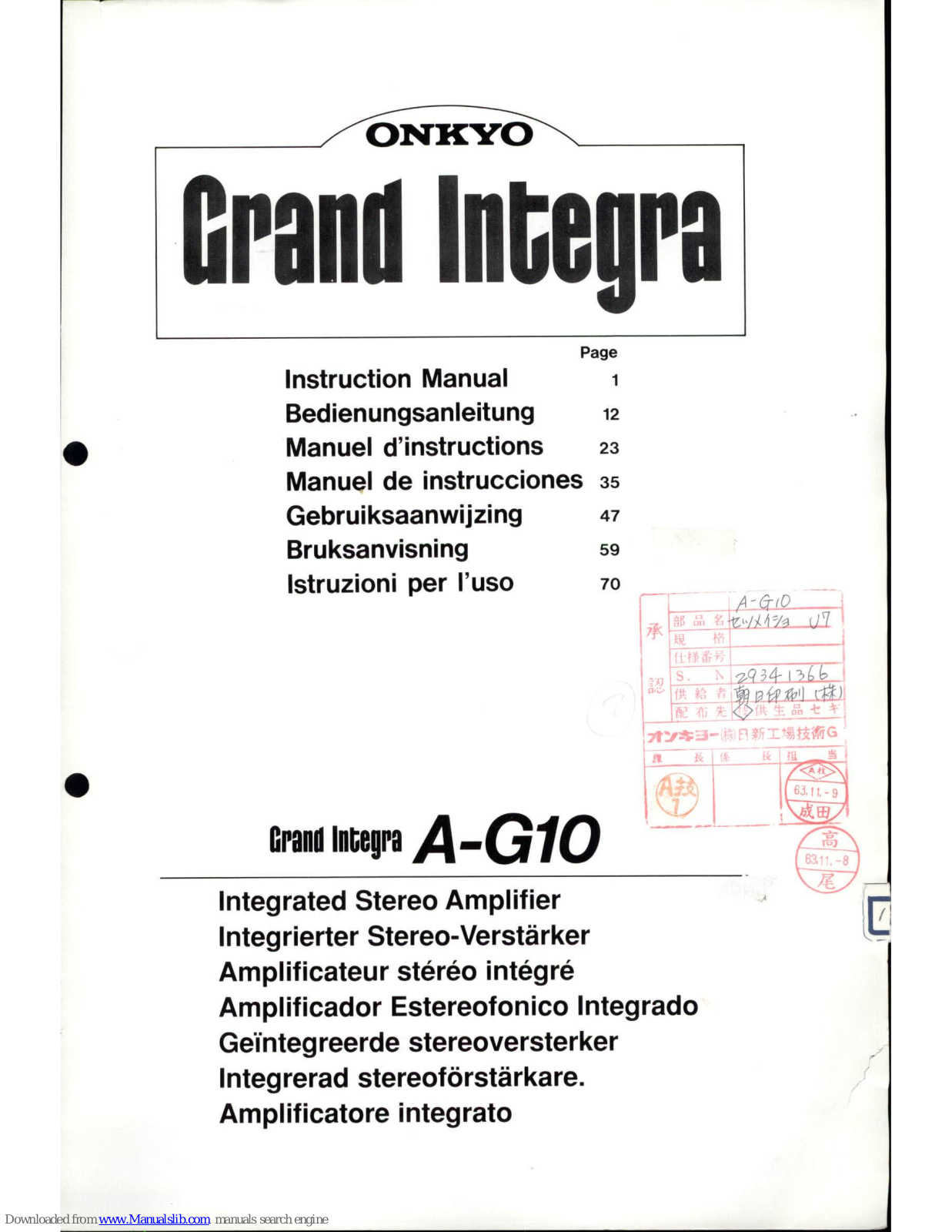 Onkyo Grand Integra A-G10 Instruction Manual