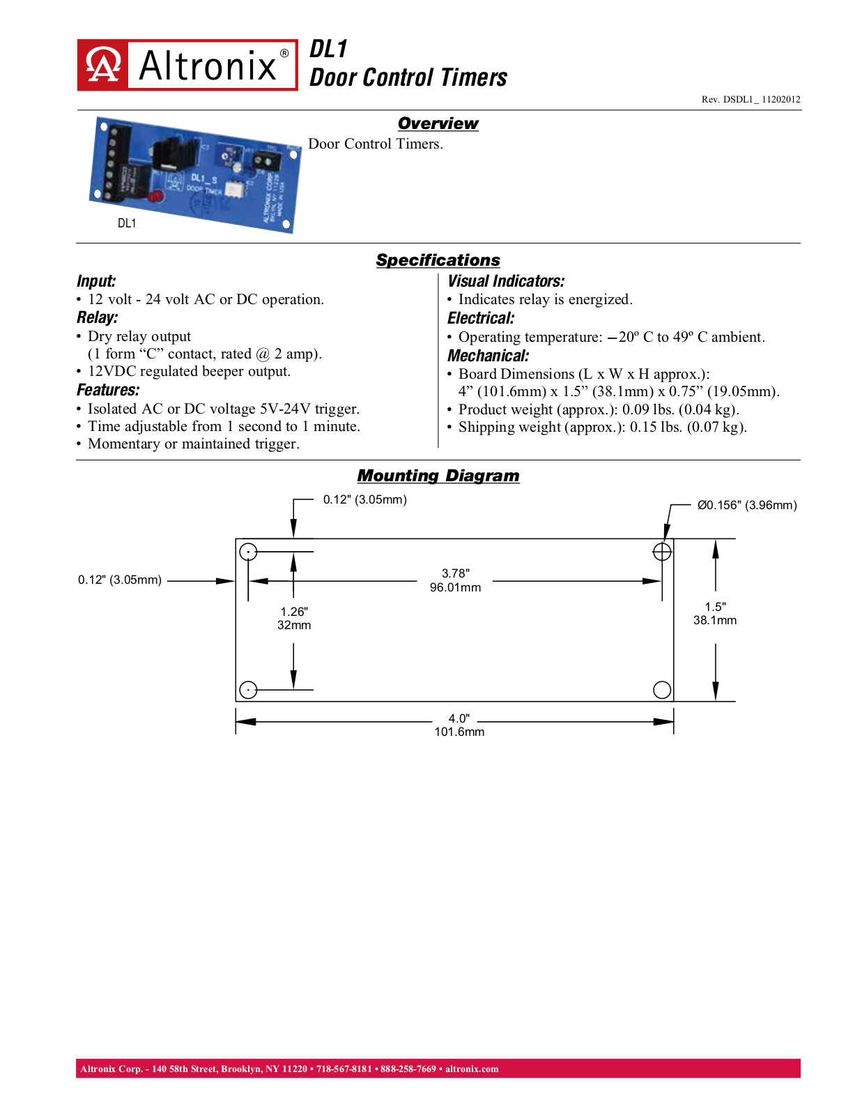 Altronix DL1 Data Sheet