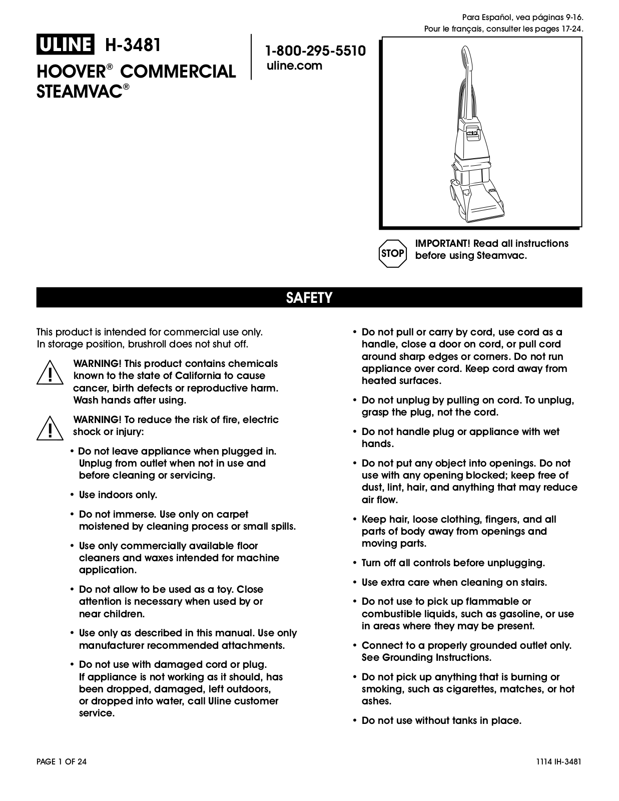 U-Line Hoover Commercial SteamVac H-3481 User Manual