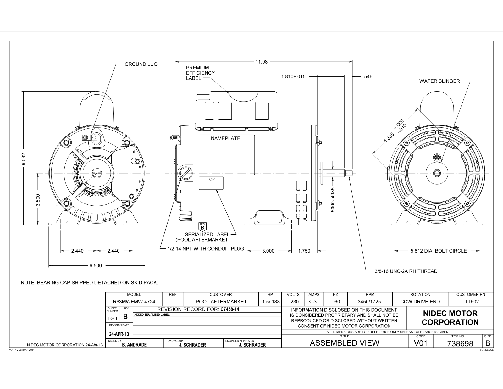 US Motors TT502 Dimensional Sheet