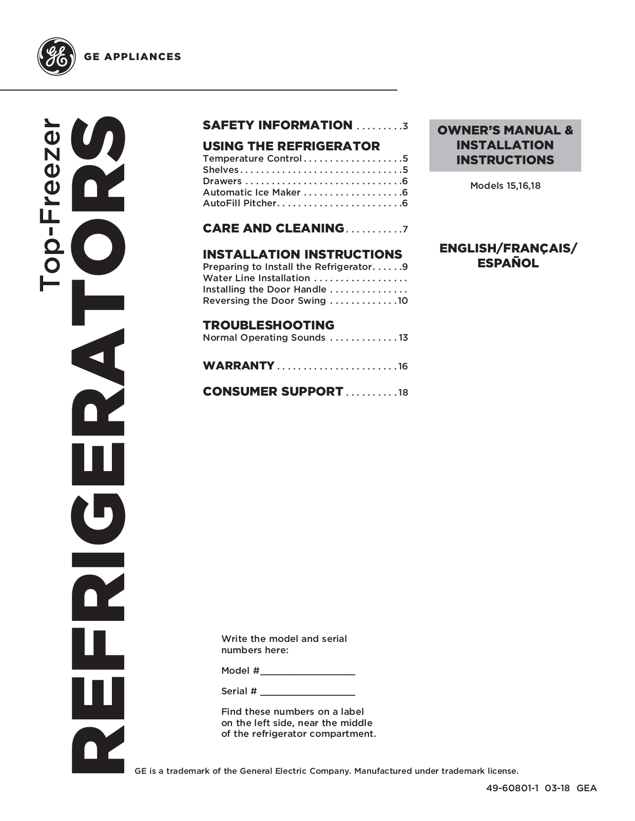 GE HPS18GTMMRWW, HPS18GTMMRBB, HPS18BTHMRWW, HPS18BTHMRBB, HPS18BTHJRWW Owner’s Manual