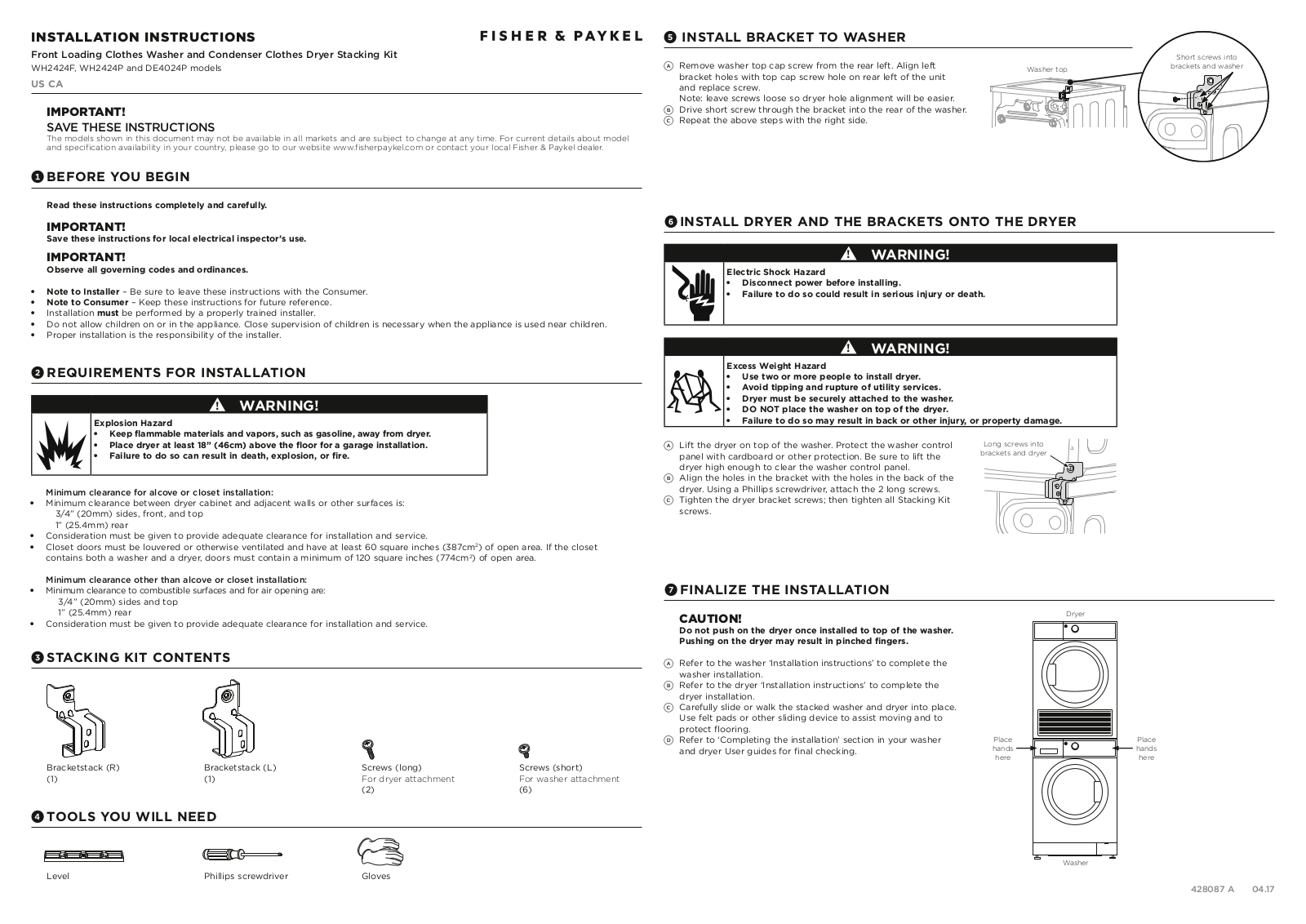 Fisher & Paykel FPWADREW9, FPWADREW11 Installation manual