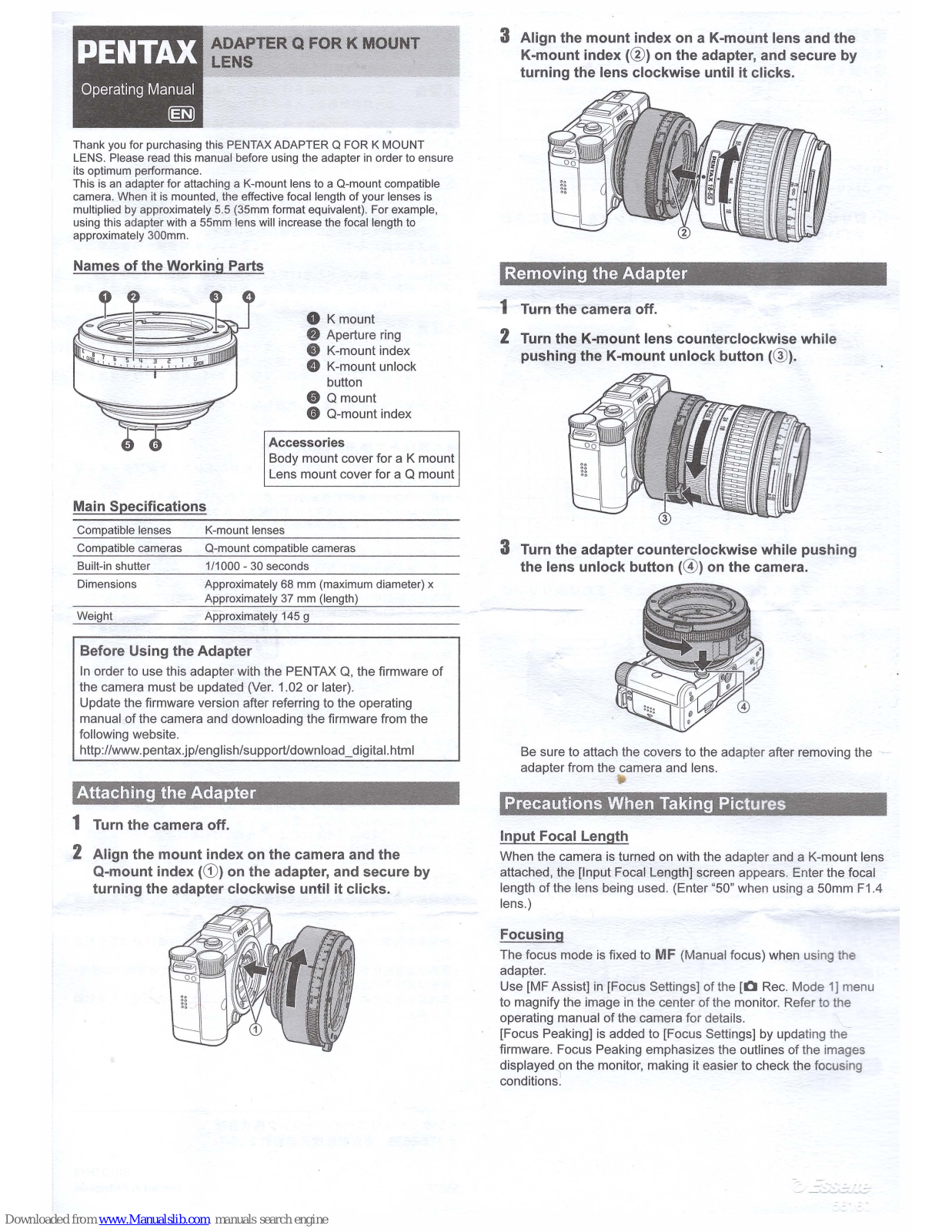 Pentax ADAPTER Q FOR K MOUNT Operating Manual - ManualMachine.com