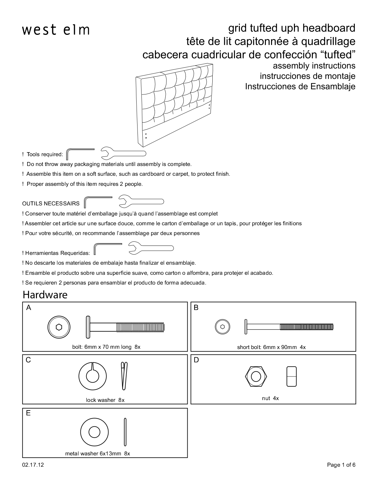 West Elm Grid Tufted Headboard Assembly Instruction