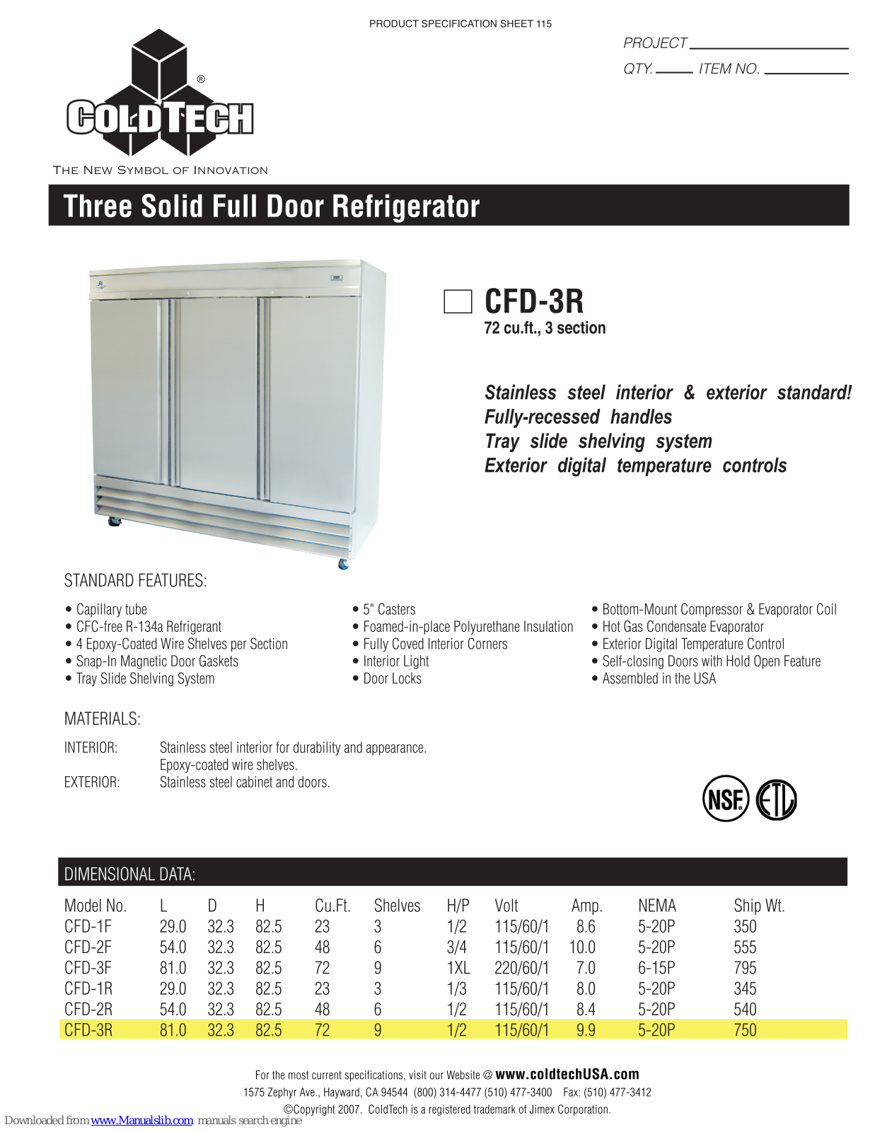 ColdTech CFD-3R Specifications