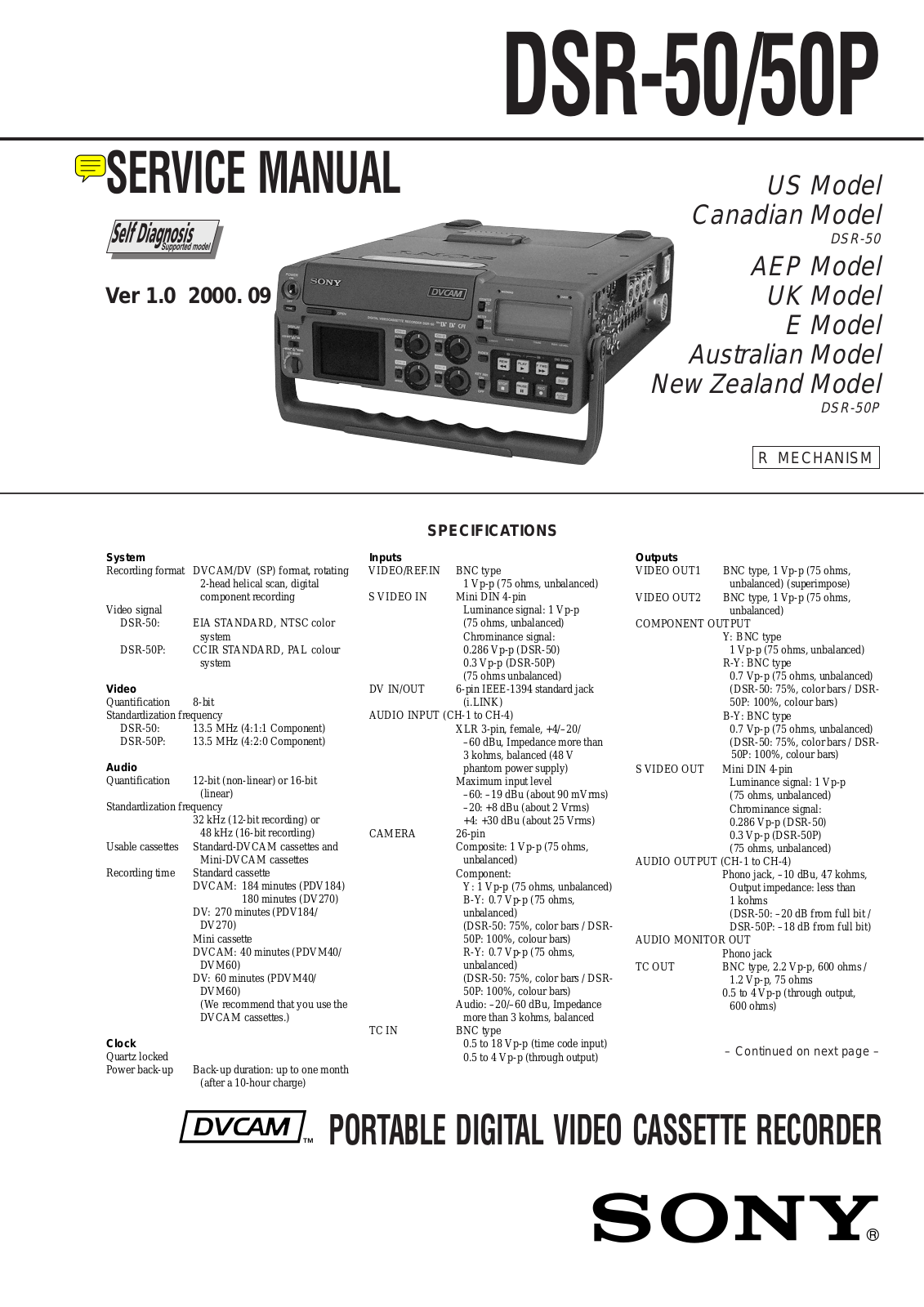 Sony DSR-50, DSR-50-P Service manual