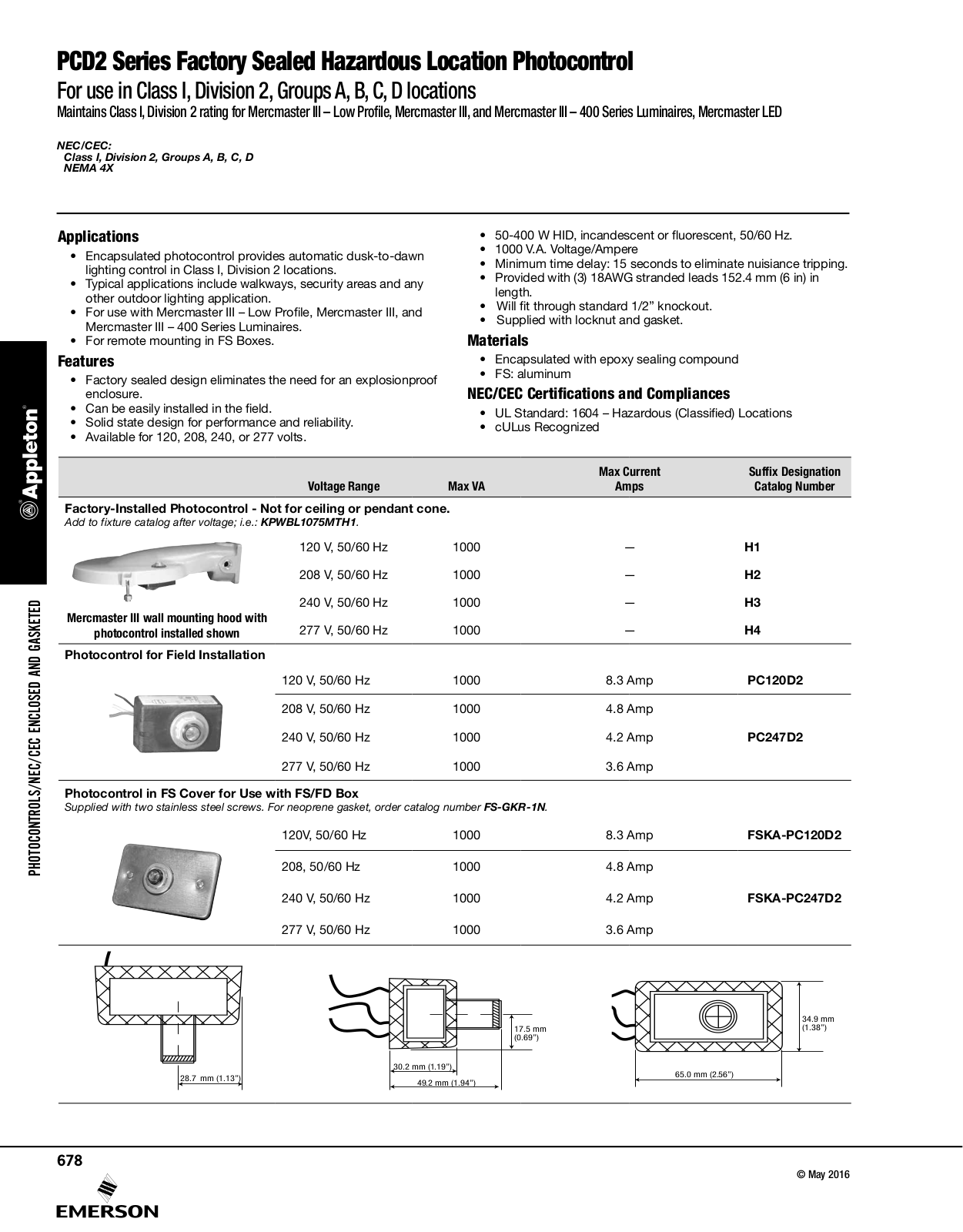 Appleton PCD2 Series Factory Sealed Hazardous Location Photocontrol Catalog Page