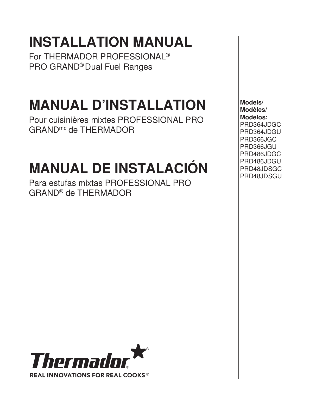 Thermador PRD48JDSGU/07, PRD48JDSGU/06, PRD48JDSGU/04, PRD48JDSGU/05 Installation Guide