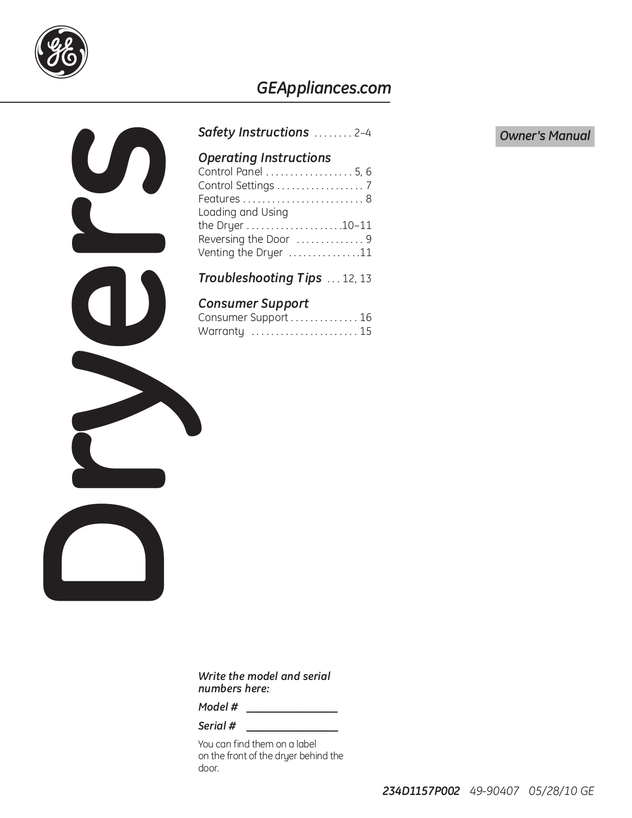 GE 234D1157P002, GTDL200GMWW, 49-90407 User Manual