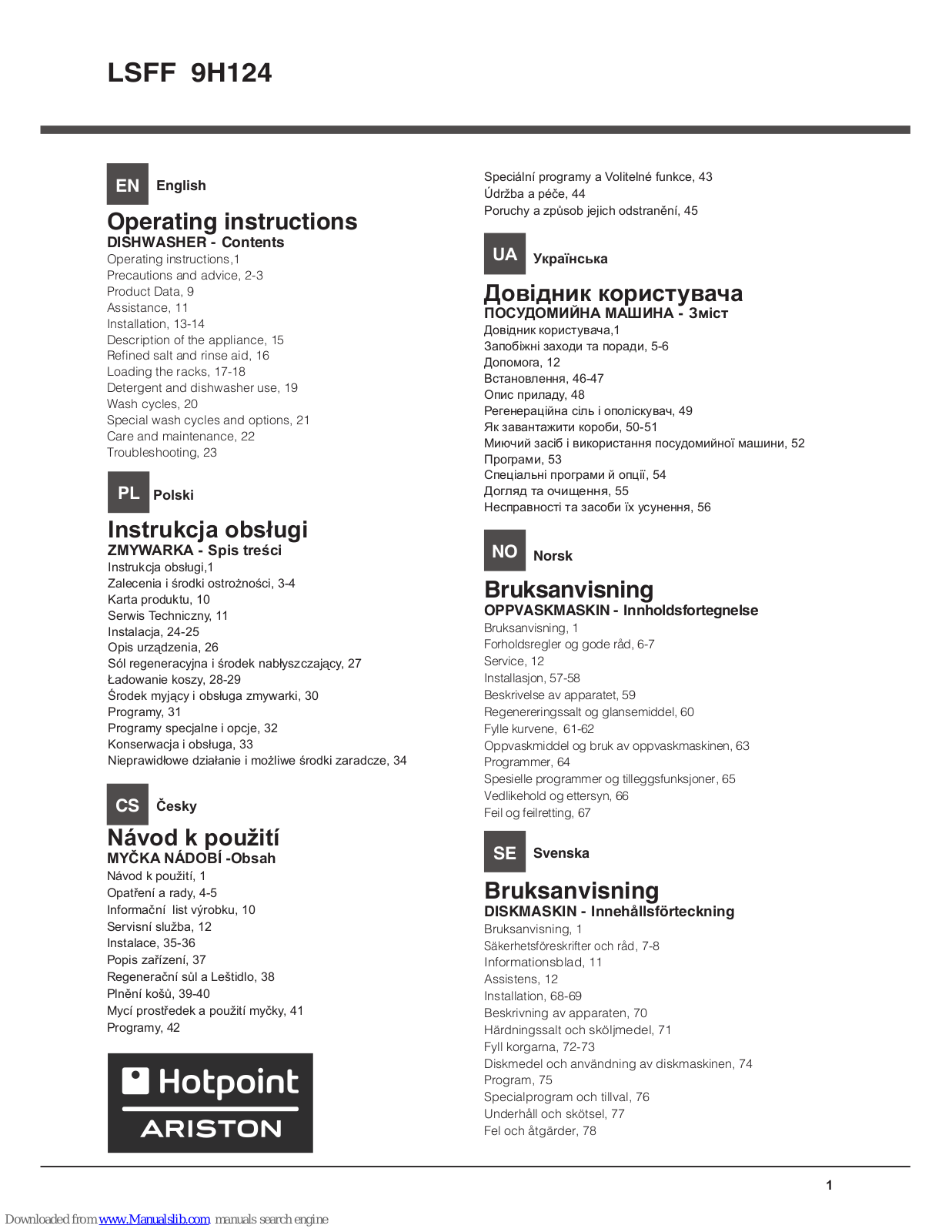 Hotpoint Ariston LSFF 9H124 Instruction Manual