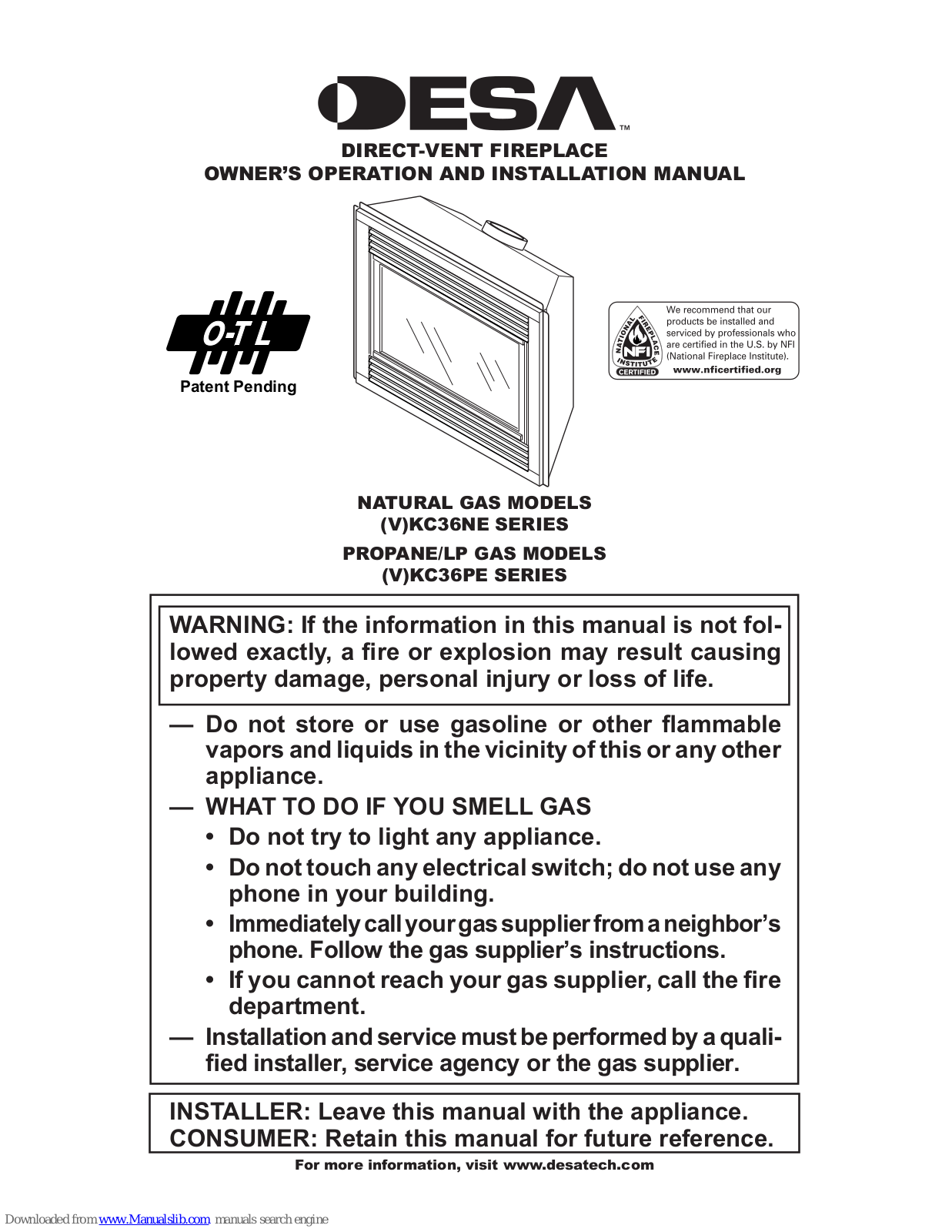 Desa KC36NE, KC36PE Owner's Operation And Installation Manual