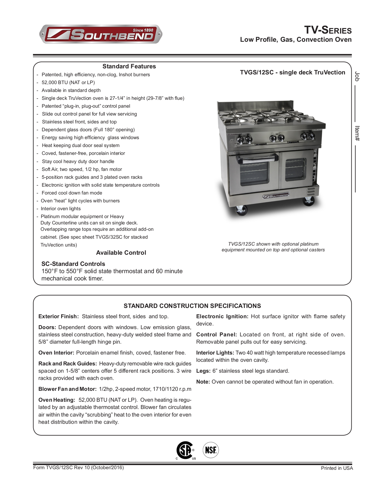 Southbend TVGS-12SC Specifications