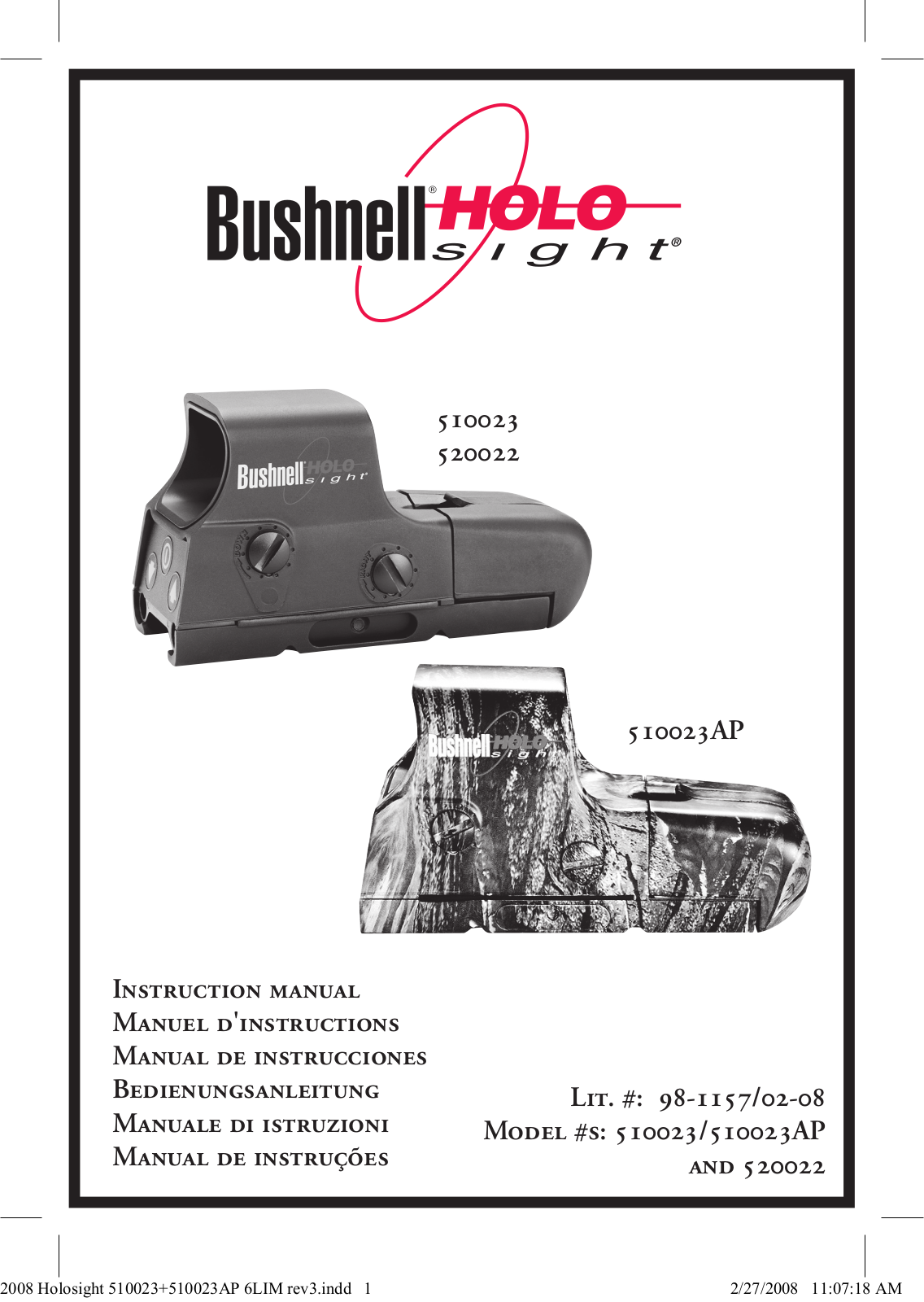 Bushnell HOLOSIGHT 51-0023, HOLOSIGHT 51-0023AP, HOLOSIGHT 52-0022 User Manual