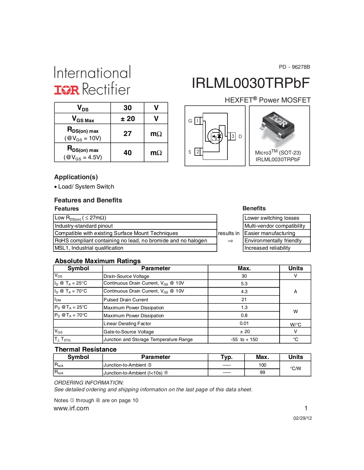 Datasheet IRLML 0030 Datasheet - ManualMachine.com