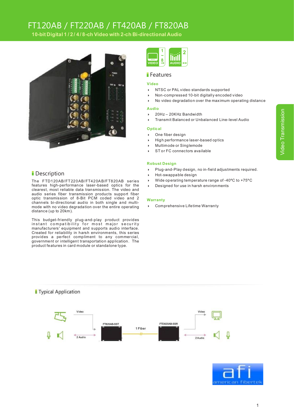 American Fibertek FT120AB-SSTL, FT120AB-SST, FT820AB-SST, FT820AB-SMR, FT820AB-SMT Specsheet