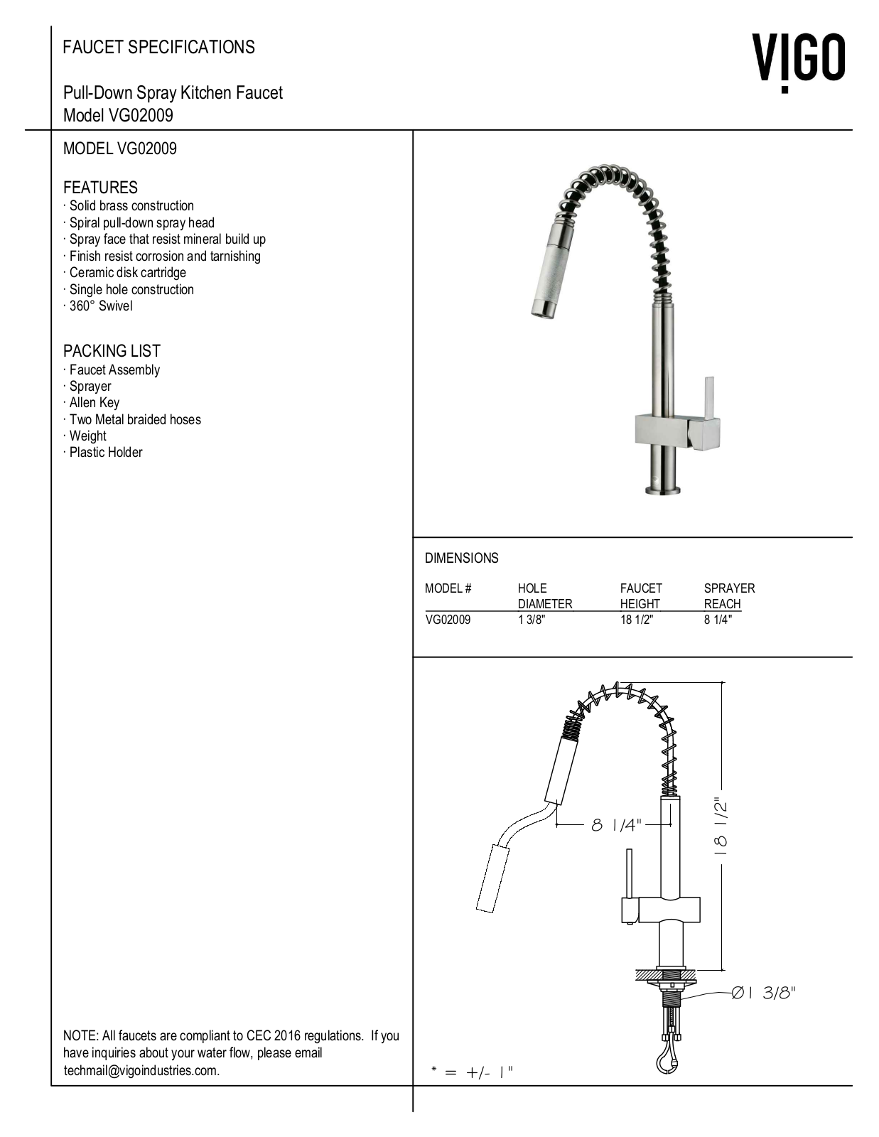 Vigo VG15277, VG15259 Specifications