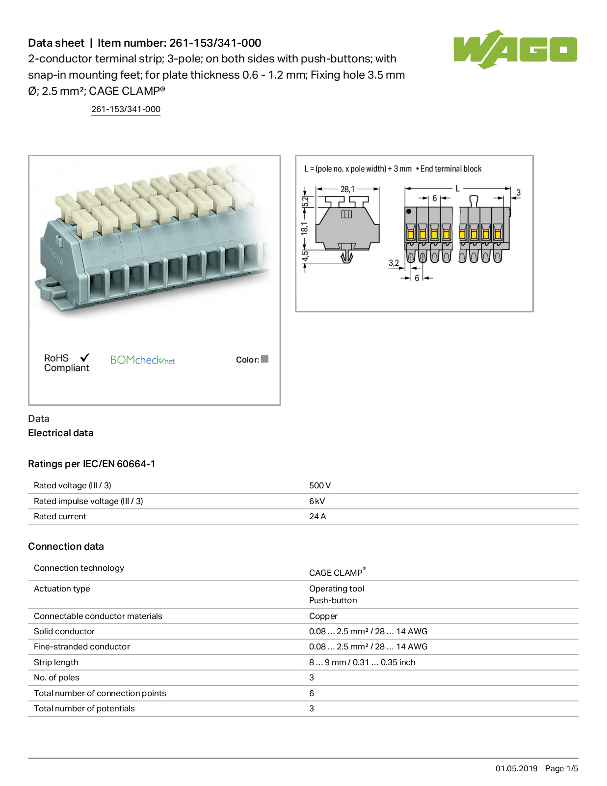 Wago 261-153/341-000 Data Sheet