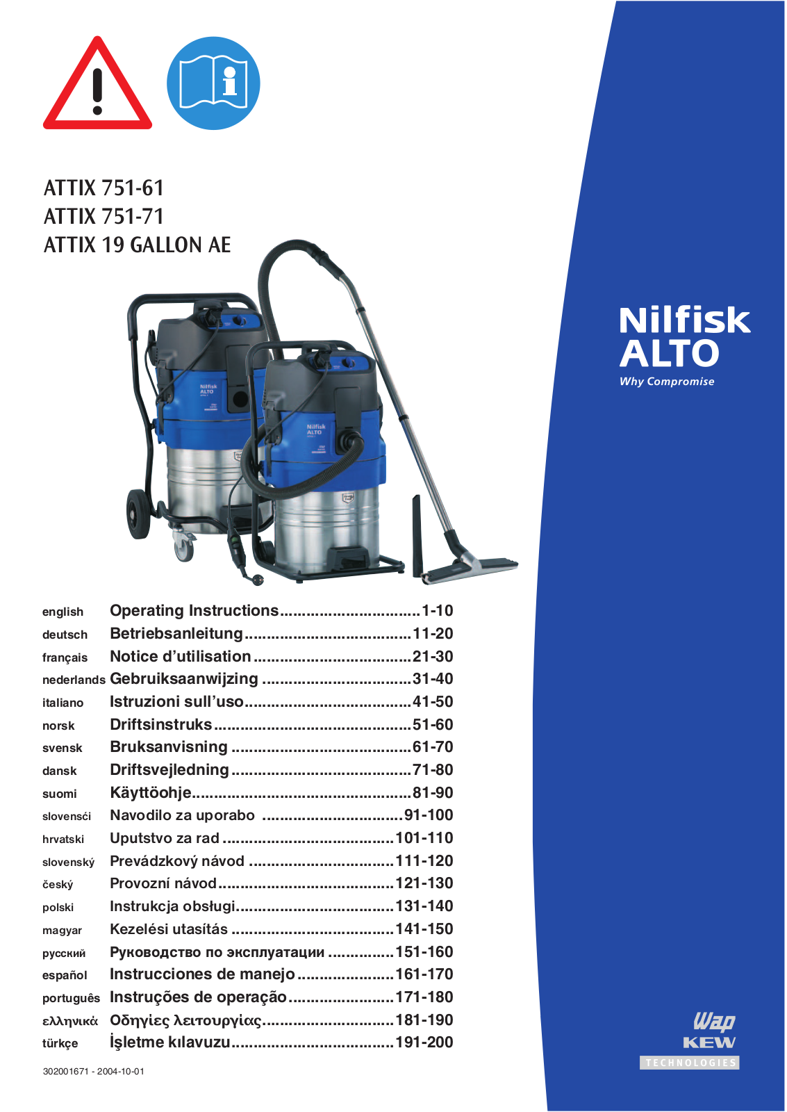 Nilfisk 19 Gallon AE, 751-71, ATTIX 751-71, ATTIX 751-61, 751-61 User Manual