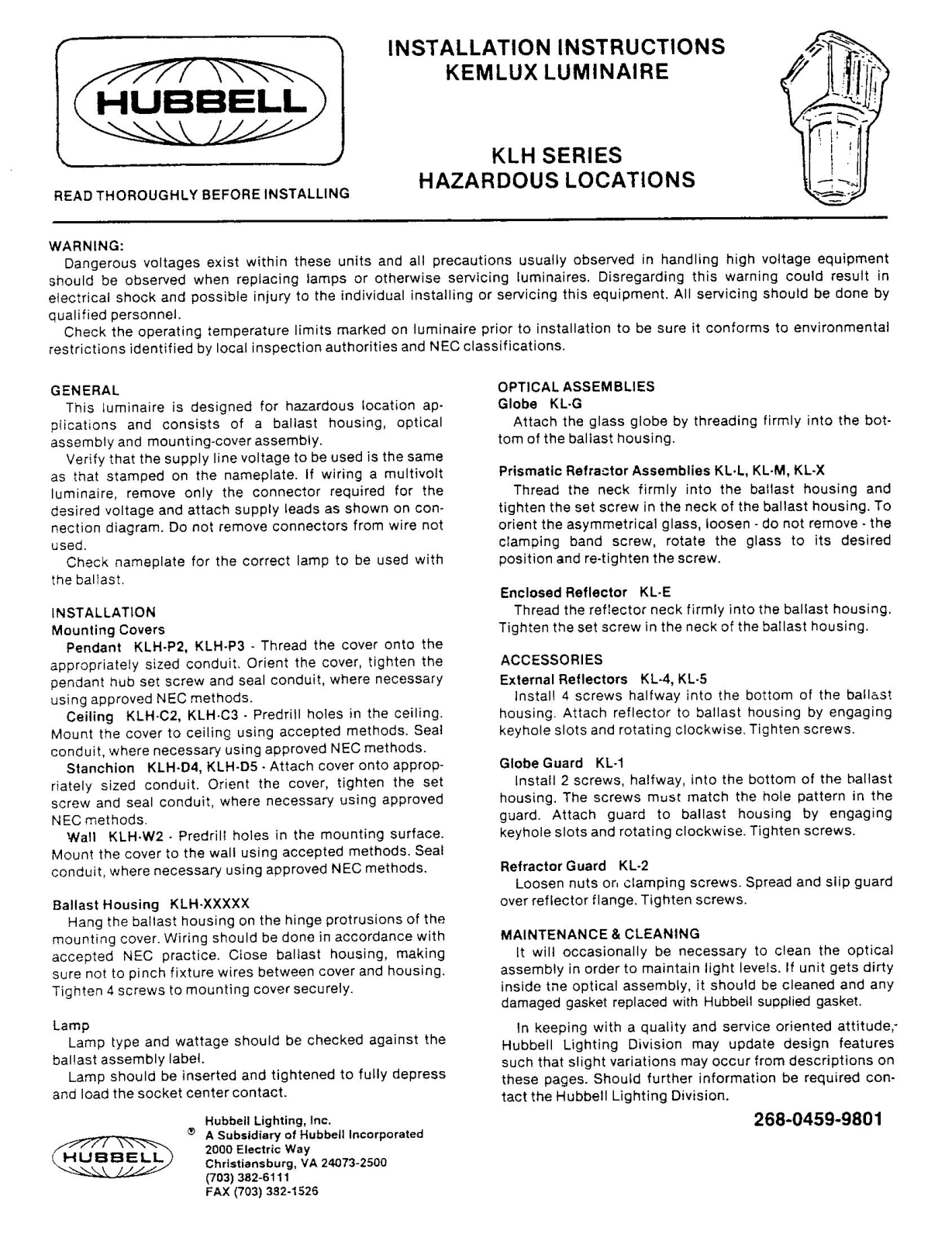 Hubbell Lighting KLH-HAZ User Manual