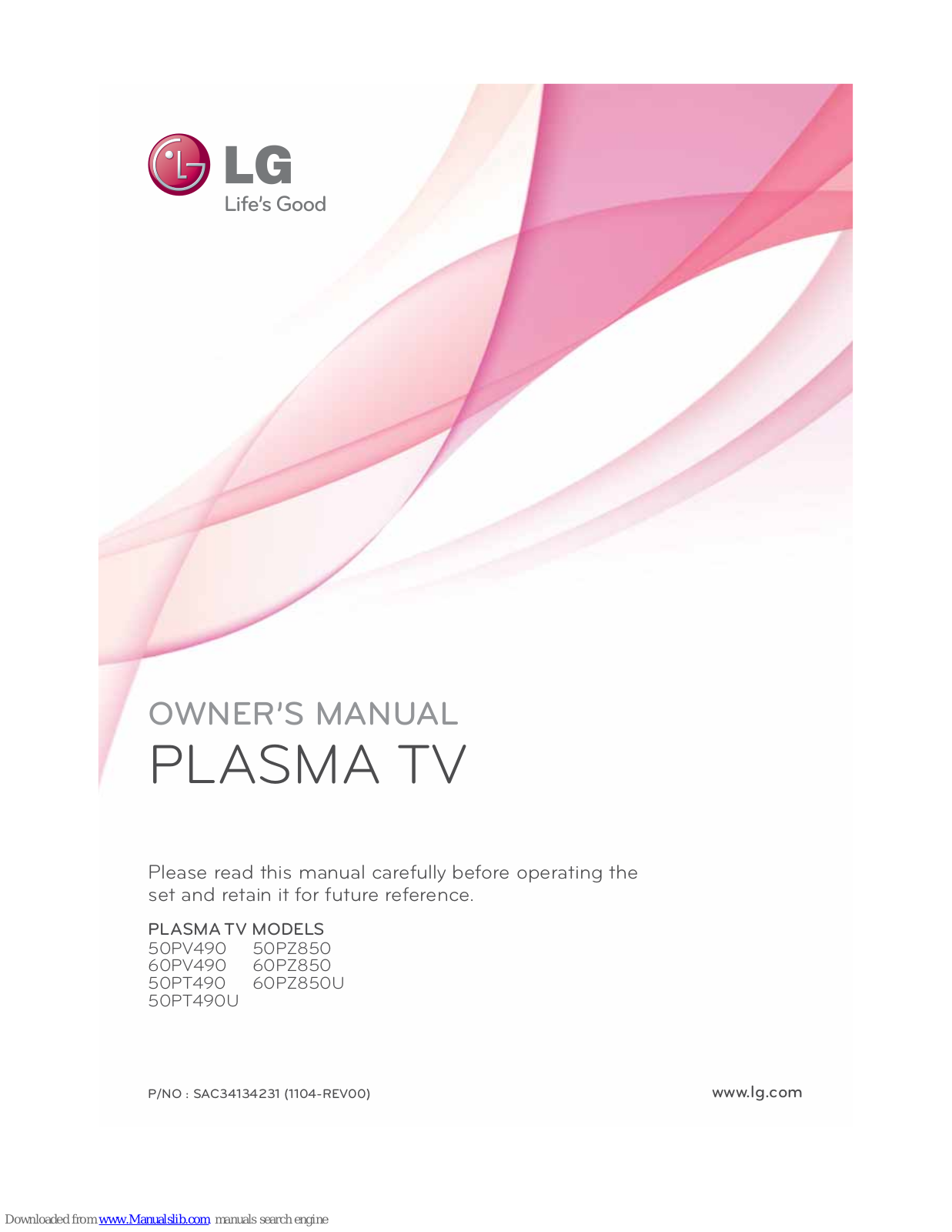 LG 50PV490, 60PV490, 50PV490-UC, 50PT490U, 50PZ850 Owner's Manual