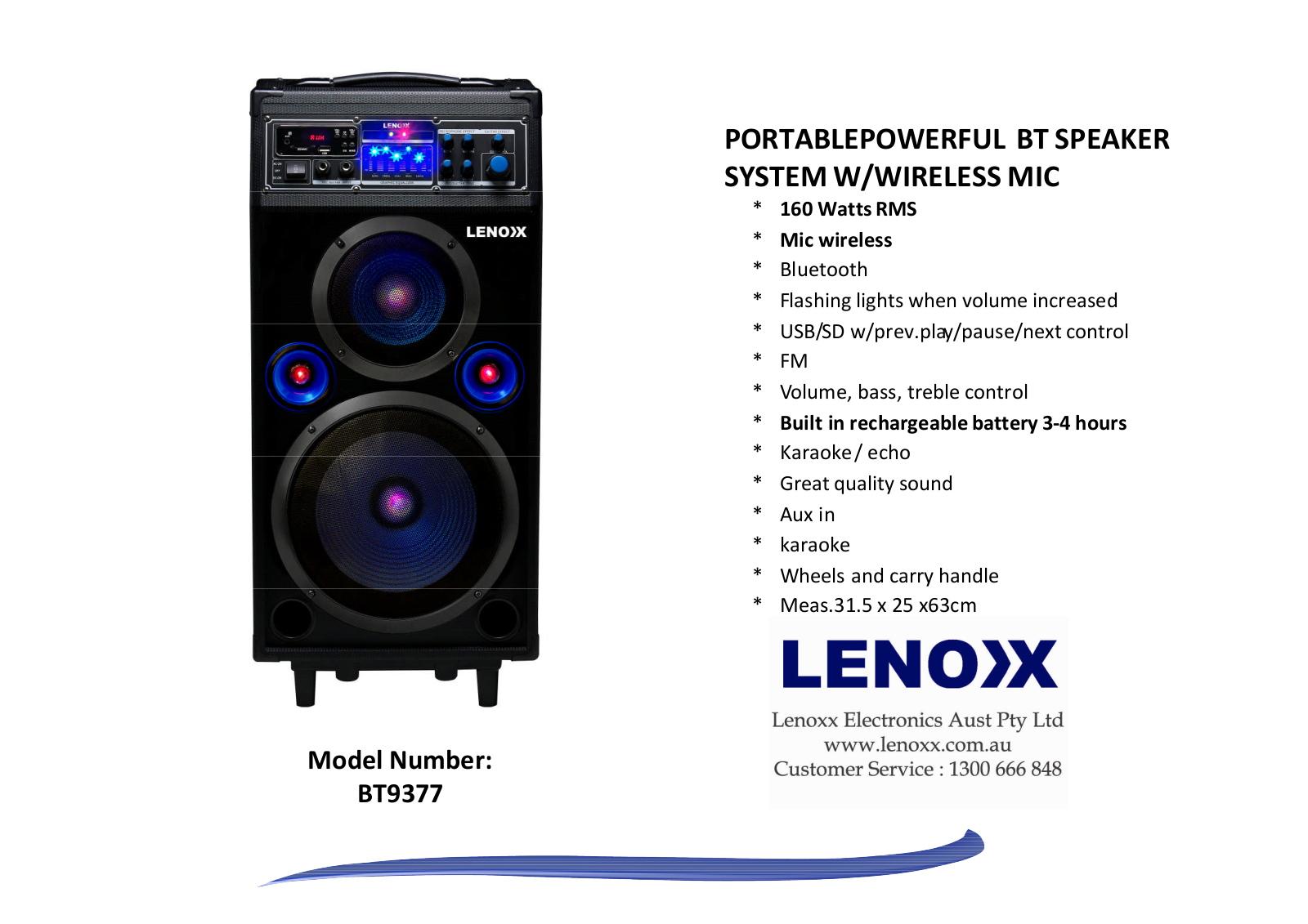 Lenoxx BT9377 Specifications Sheet