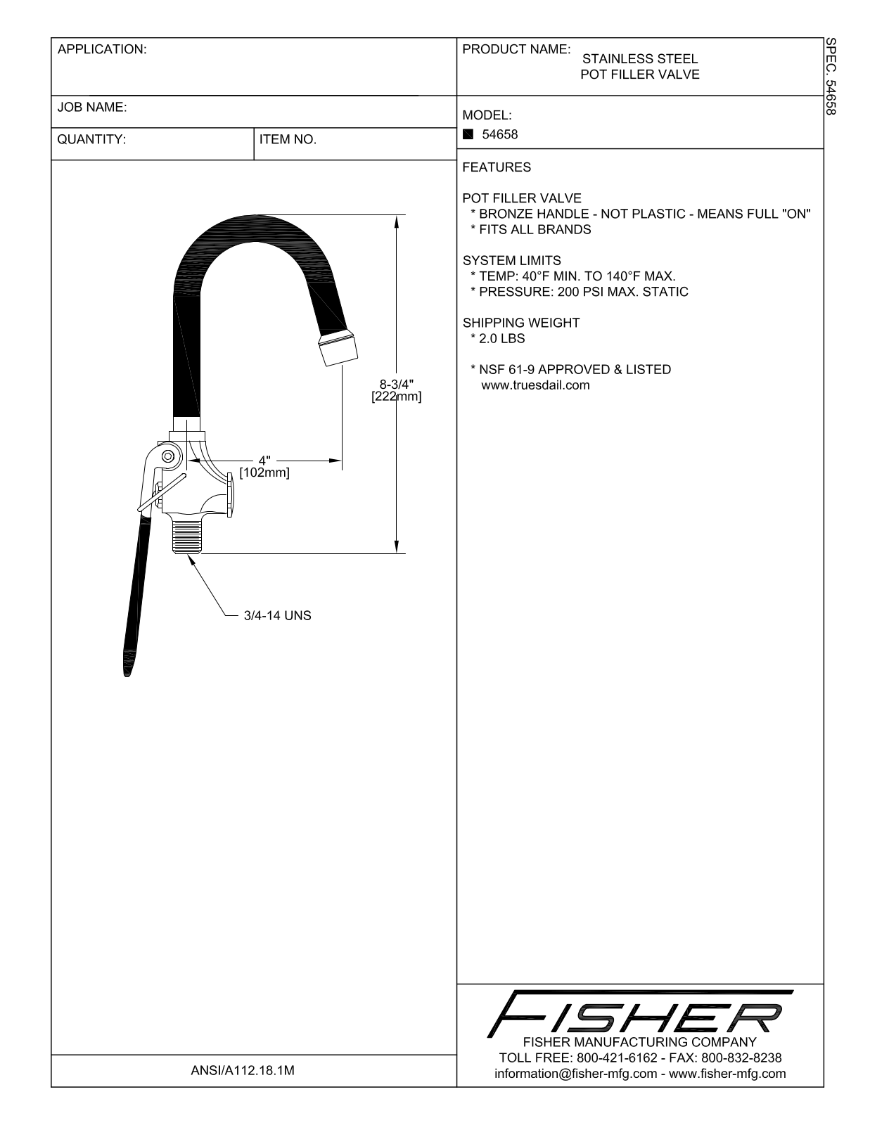 Fisher Manufacturing 54658 User Manual