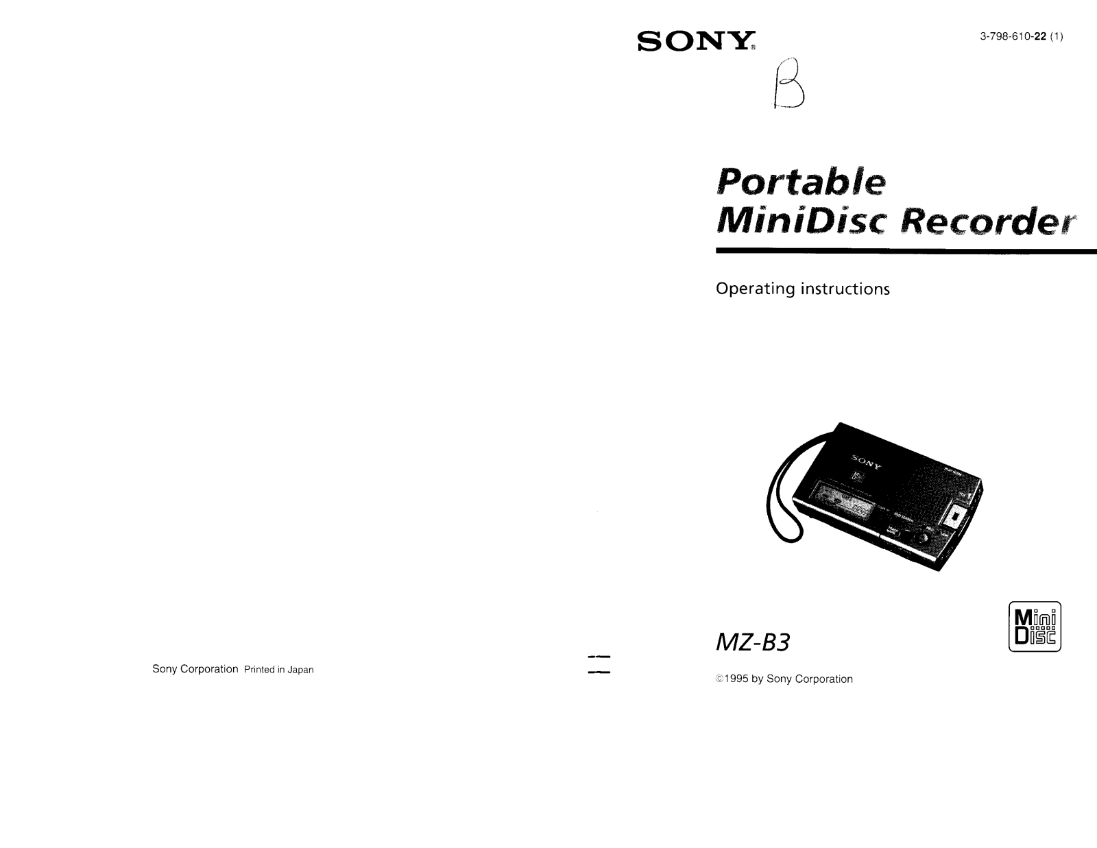 Sony MZ-B3 Operating Manual