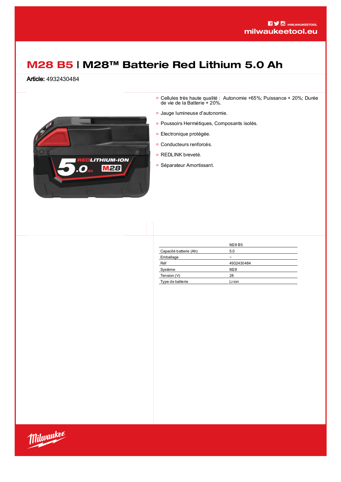 Milwaukee 4932430484, M28 B5 Specification - ManualMachine.com