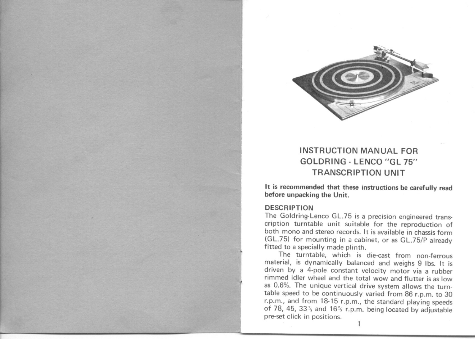 Goldring GL-75 Owners manual