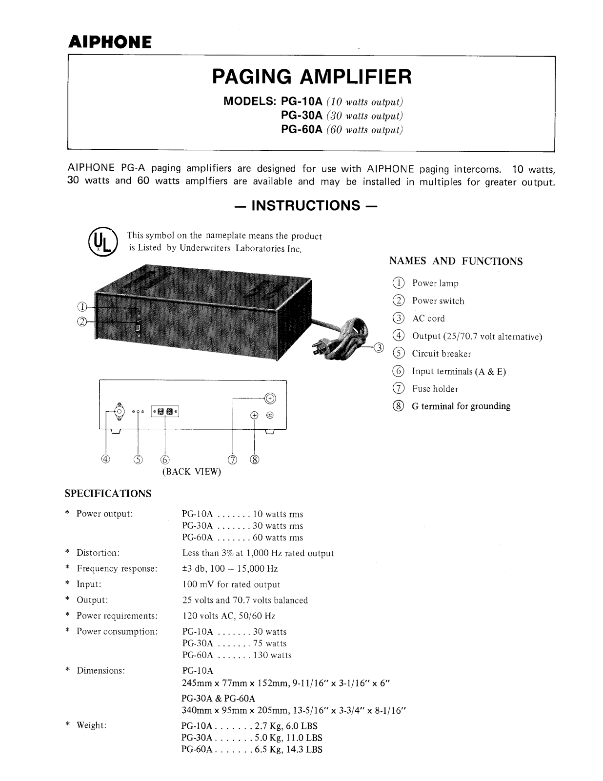 Aiphone PG-10A, PG-30A User Manual