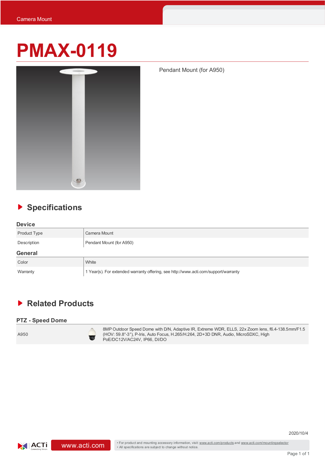 ACTi PMAX-0119 Specsheet