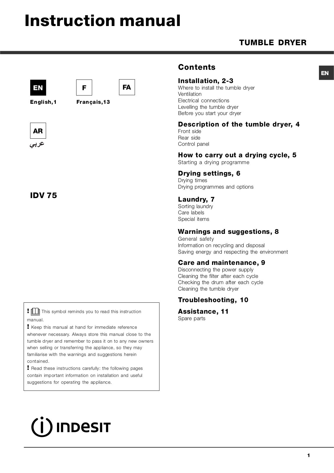 INDESIT IDV 75 (KW) User Manual