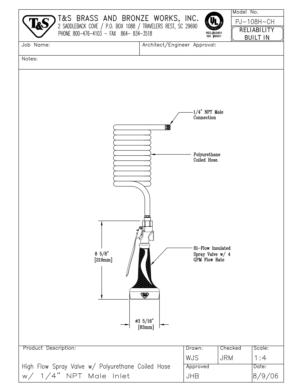 T&S Brass PJ-108H-CH User Manual