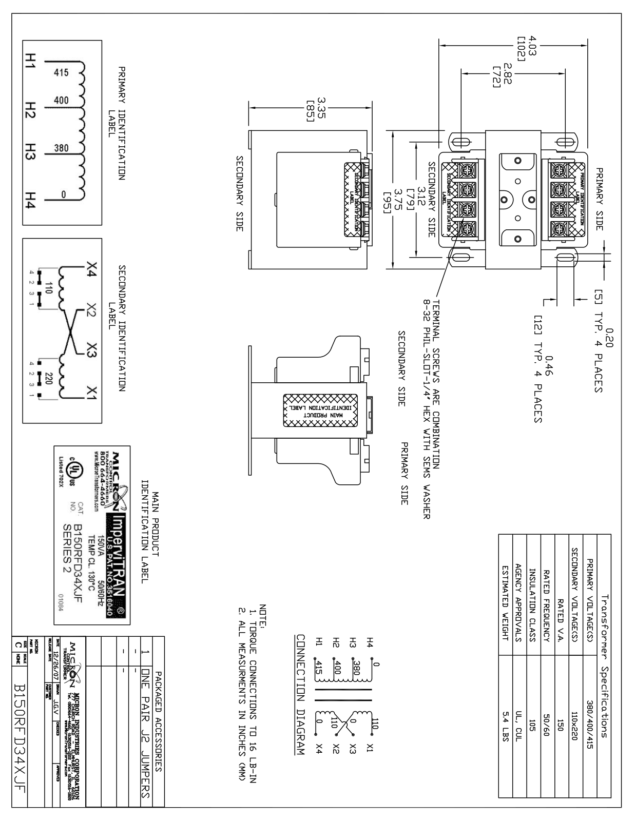 Micron Industries B150RFD34XJF Specification Sheet