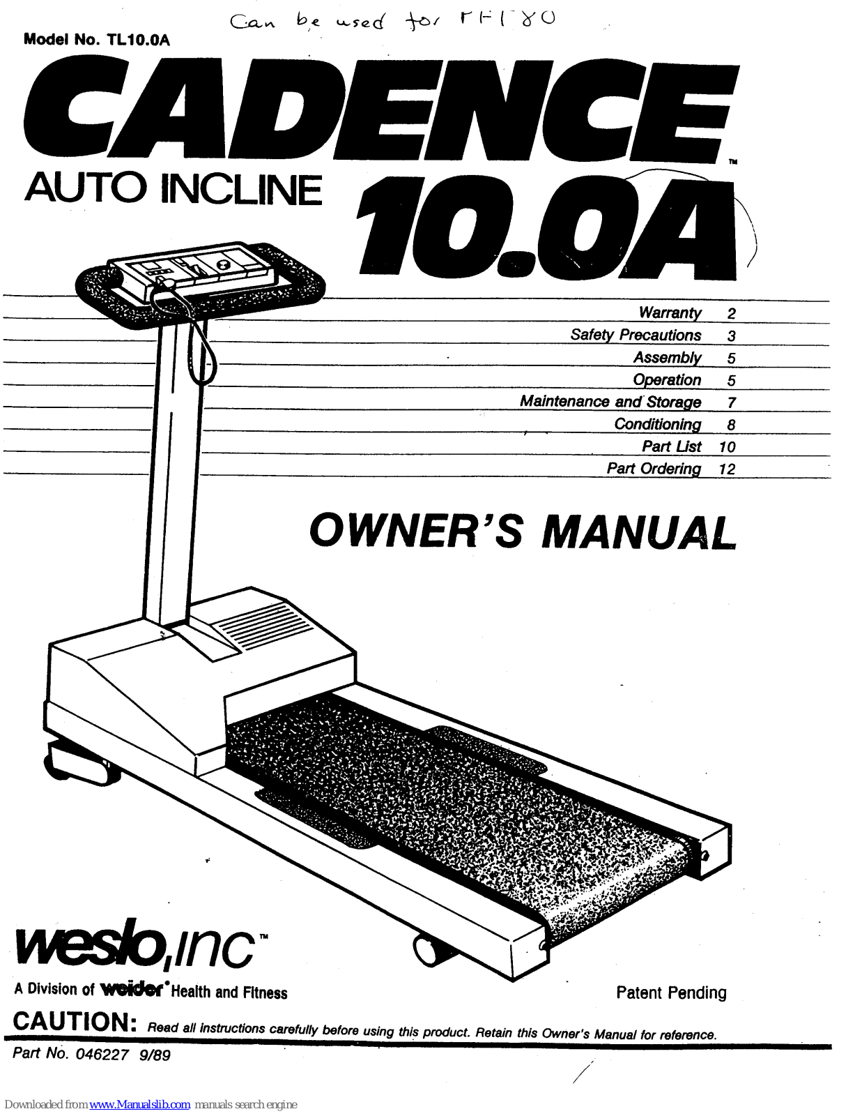 Weslo Cadence 10.0A, TL10.0A Owner's Manual