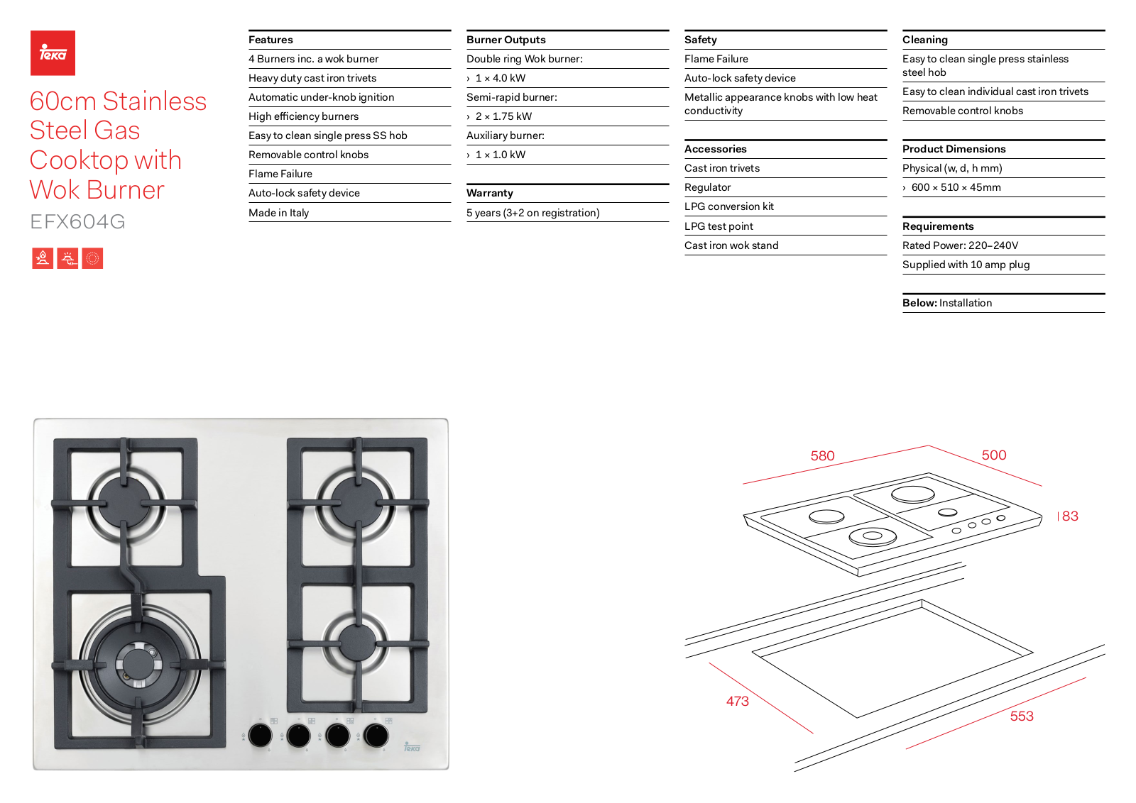 Teka EFX604G Specifications Sheet