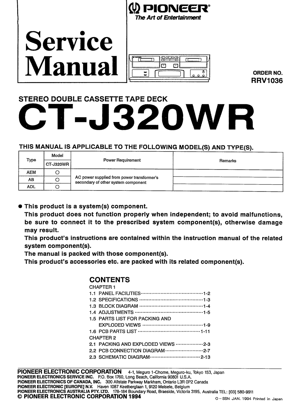 Pioneer CTJ-320-WR Service manual