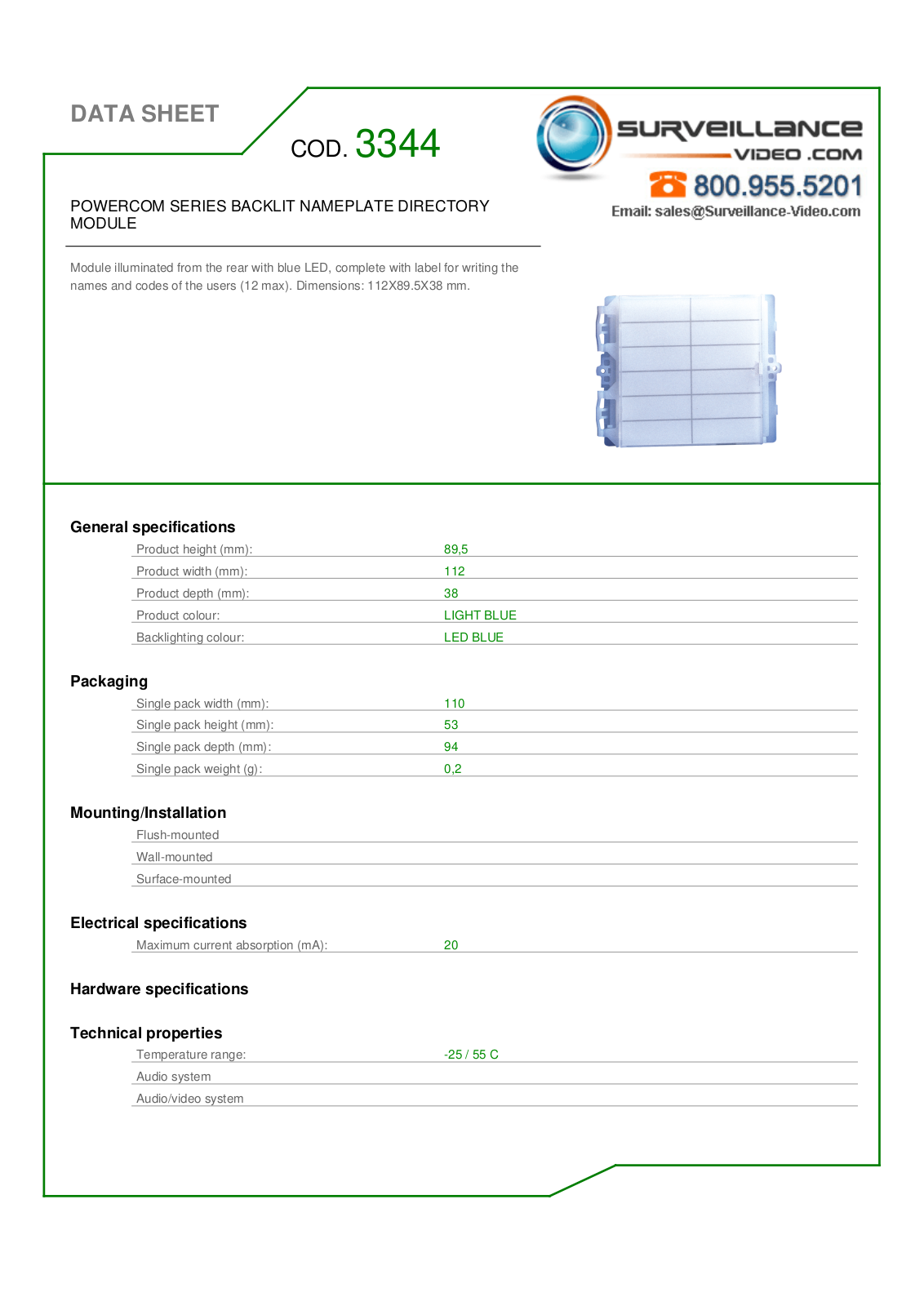 Comelit 3344 Specsheet