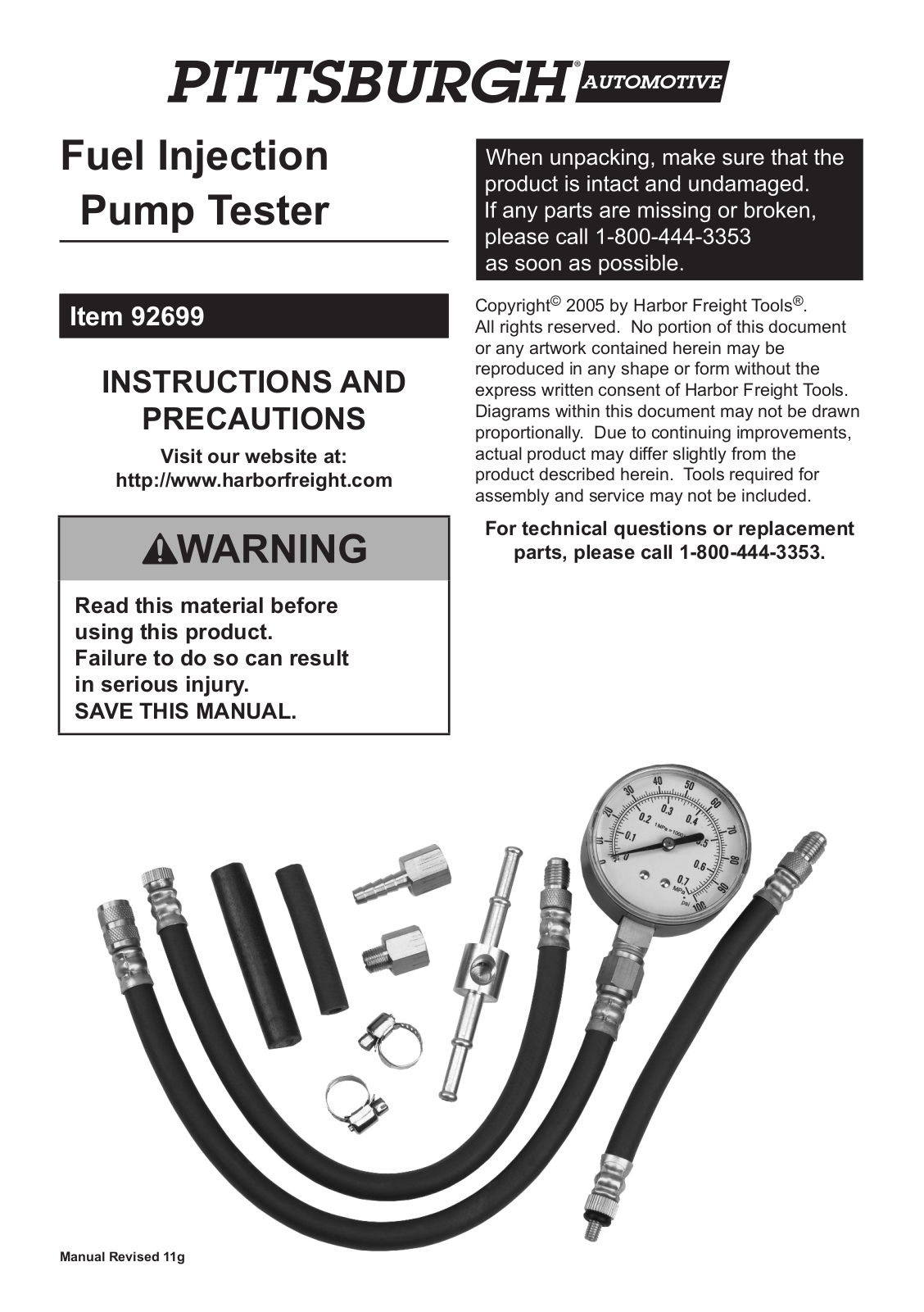 Harbor Freight Tools Fuel Injection Pump Tester Product manual